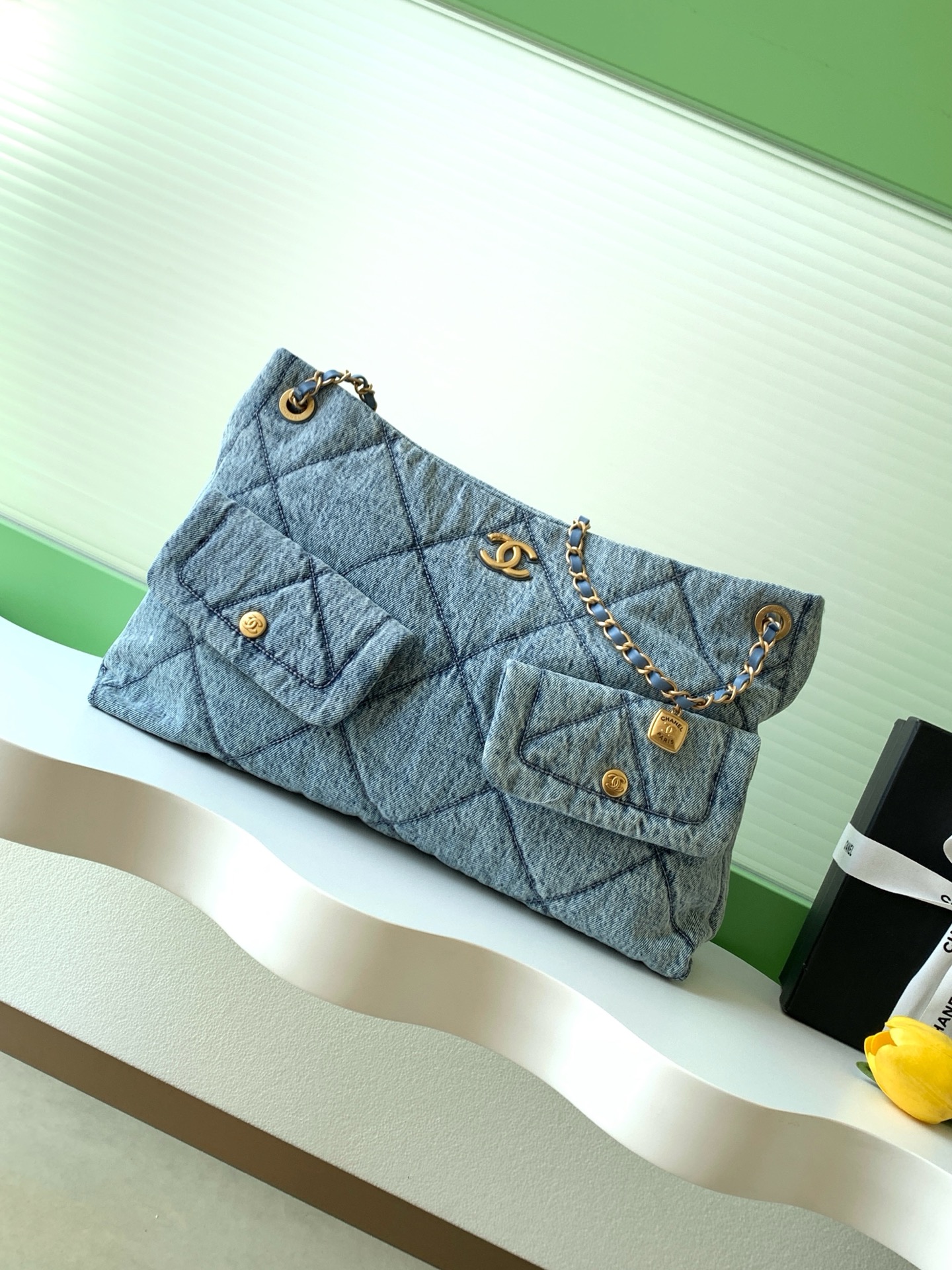 Chanel 25K Denim Quilted Shoulder Bag with Gold-Tone Hardware,AS5740