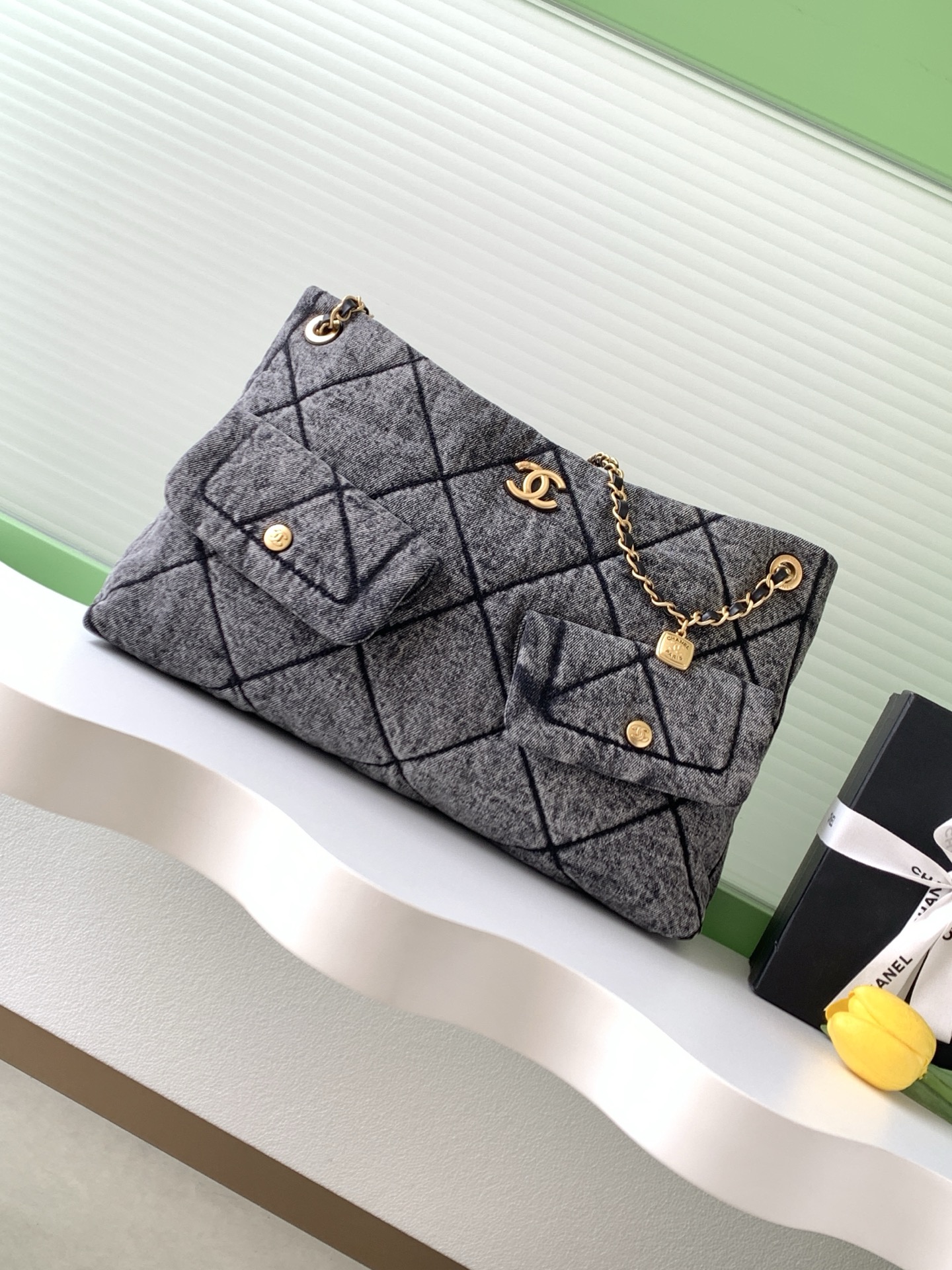Chanel 25K Gray Quilted Flap Bag with Chain and Front Pockets