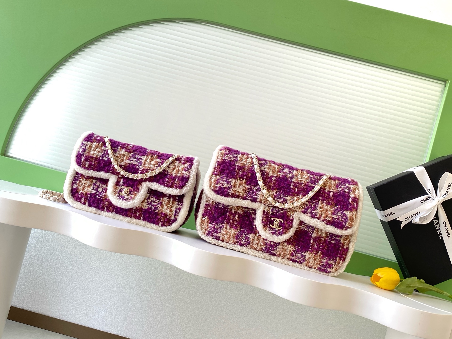 Chanel Flap Bag Purple tweed with white trim shoulder everyday