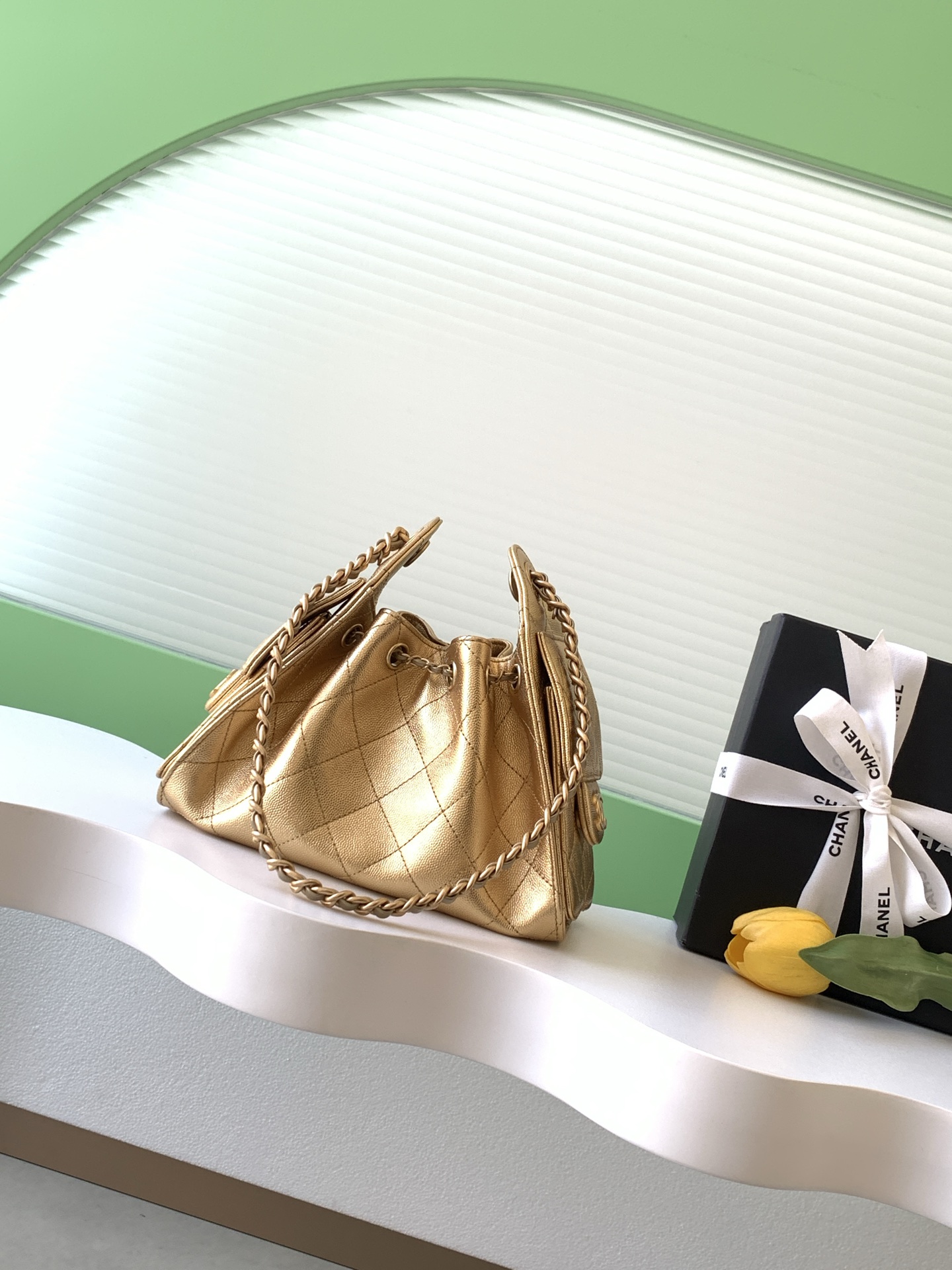 Chanel Drawstring Hobo Metallic gold shoulder everyday