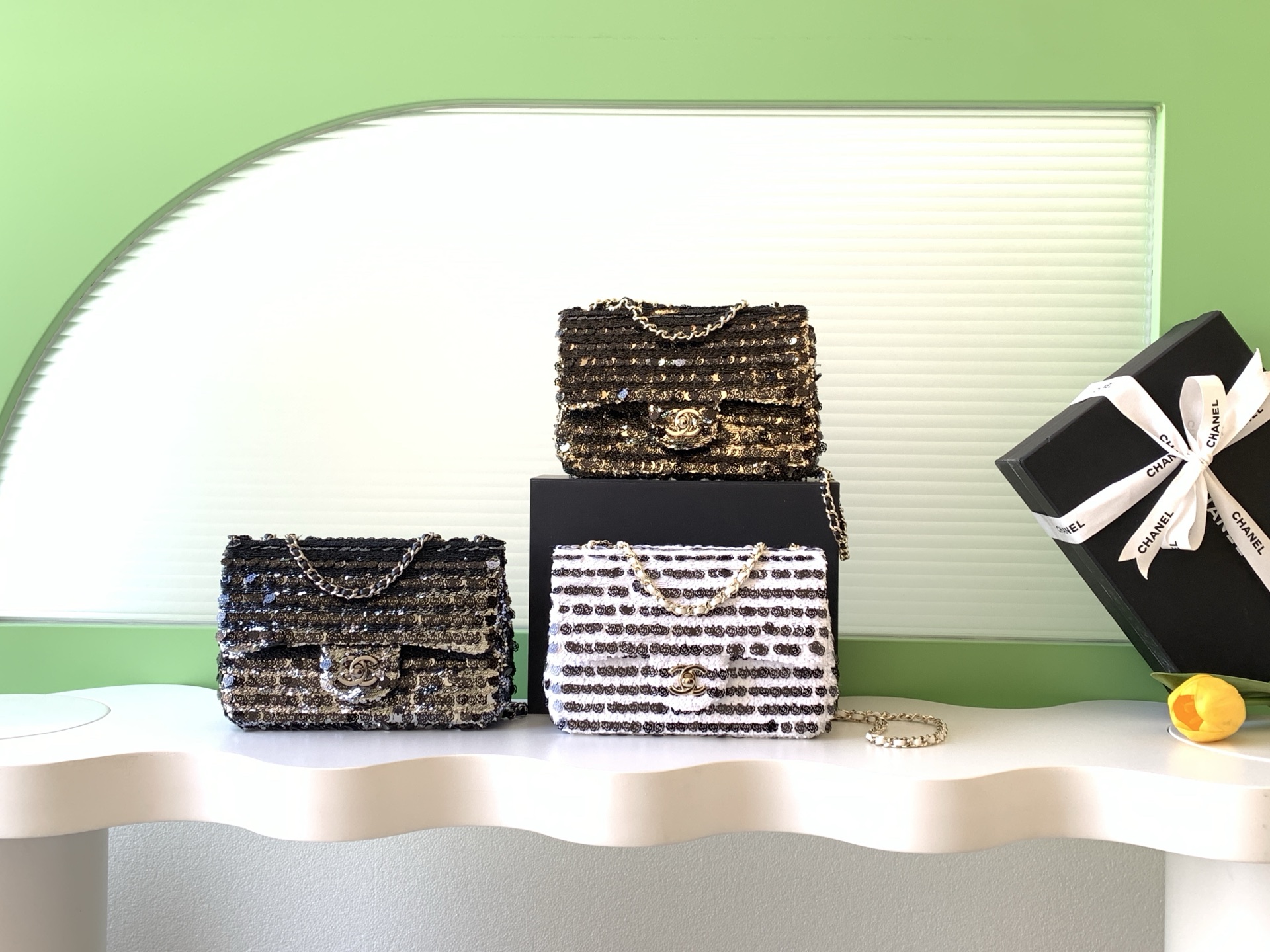 Chanel Black White Sequined shoulder everyday