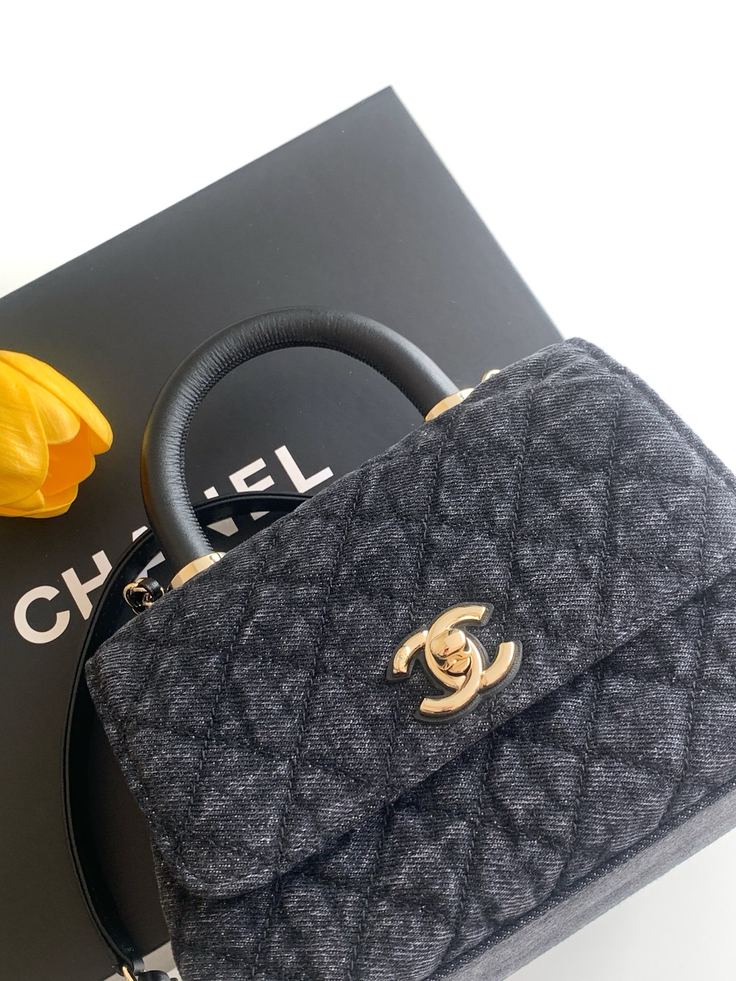 Chanel Style Black Denim Top Handle Bag style reference detail image 5 from source 770396