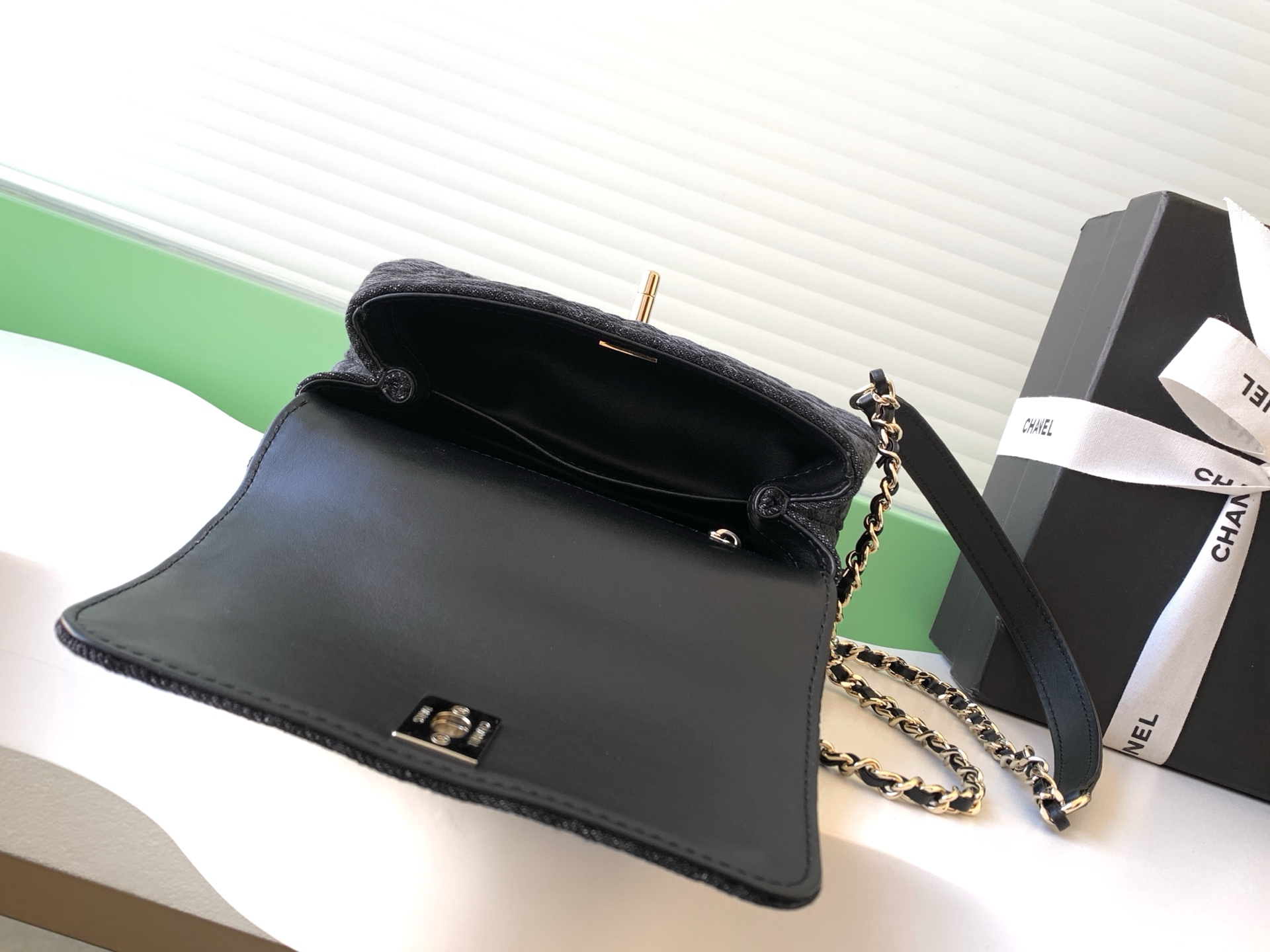Chanel Style Black Denim Top Handle Bag style reference detail image 8 from source 770396