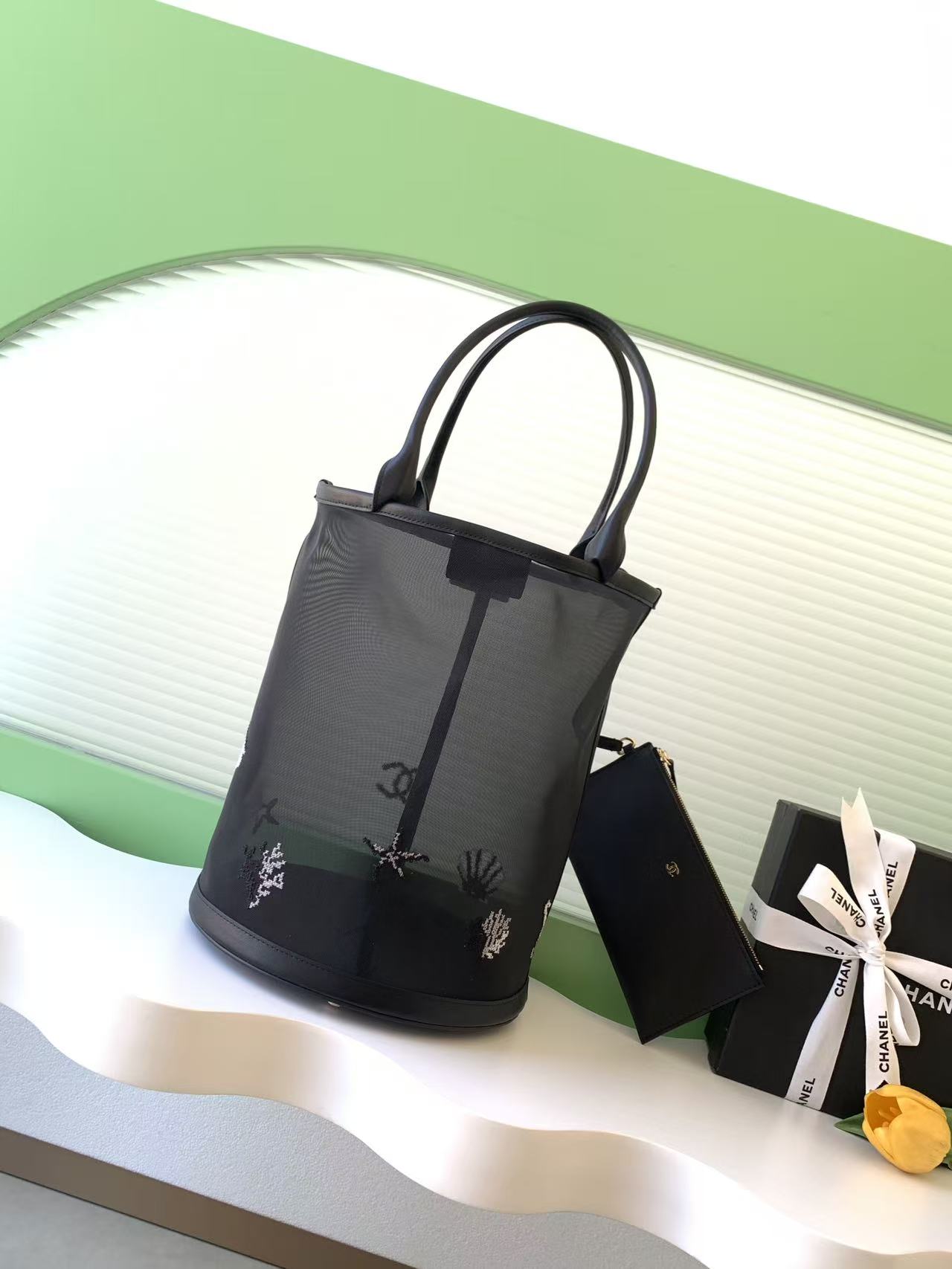 Chanel Mesh Embroidery Bucket Tote Bag