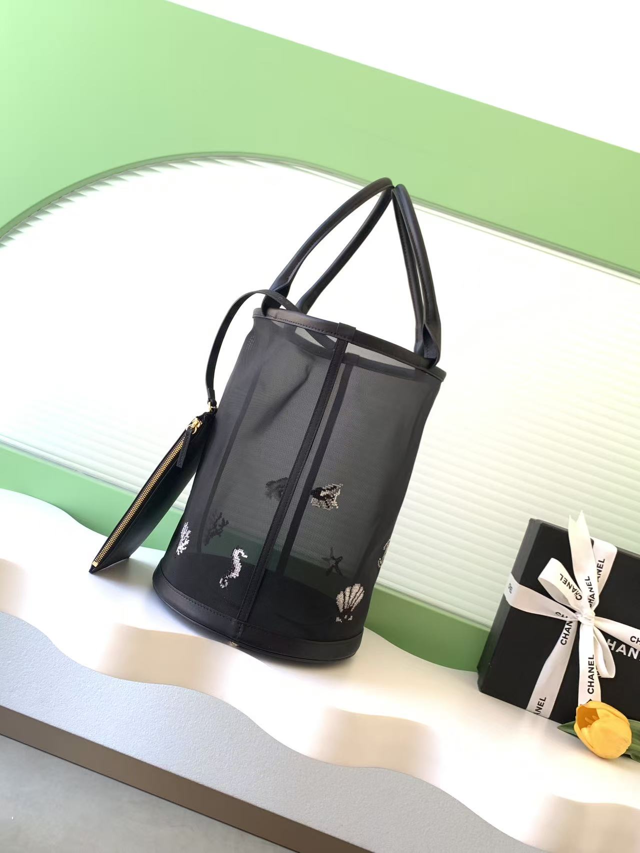 Chanel Mesh Embroidery Bucket Tote Bag