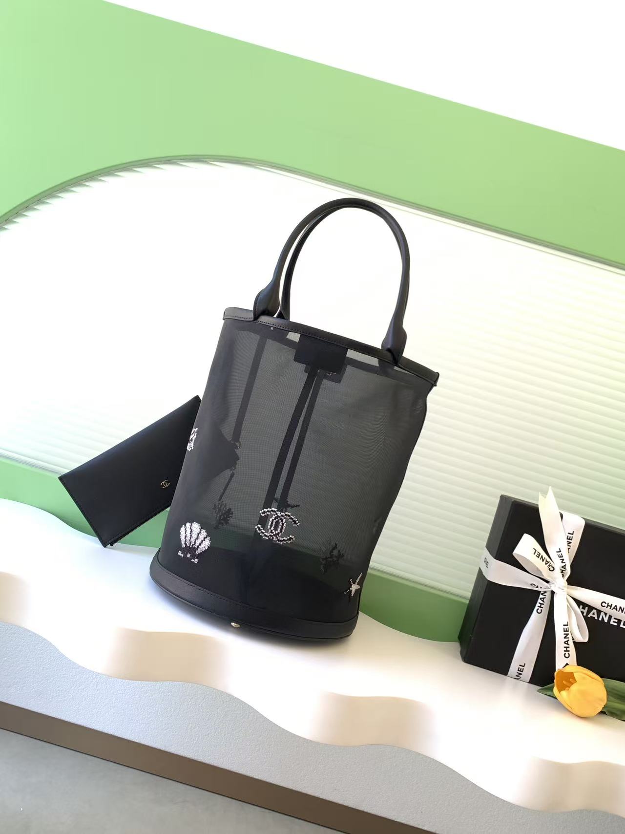 Chanel Mesh Embroidery Bucket Tote Bag