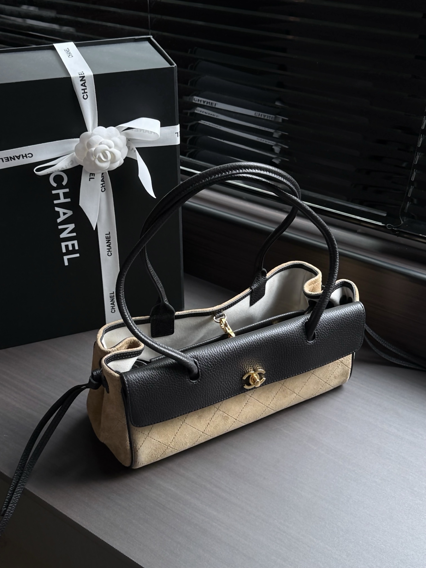 CHANEL Quilted Suede & Caviar Leather Shoulder Bag