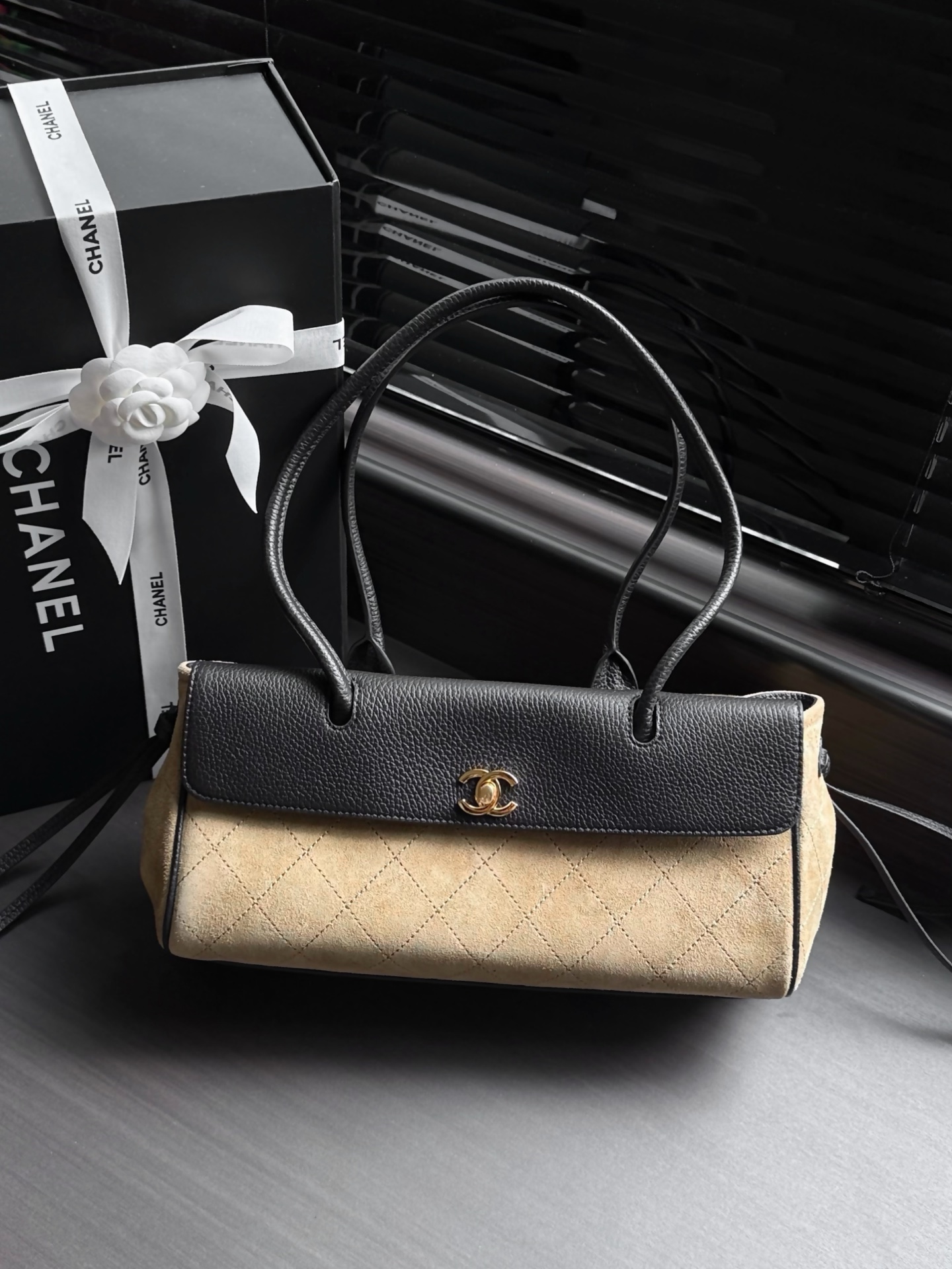 CHANEL Quilted Suede & Caviar Leather Shoulder Bag