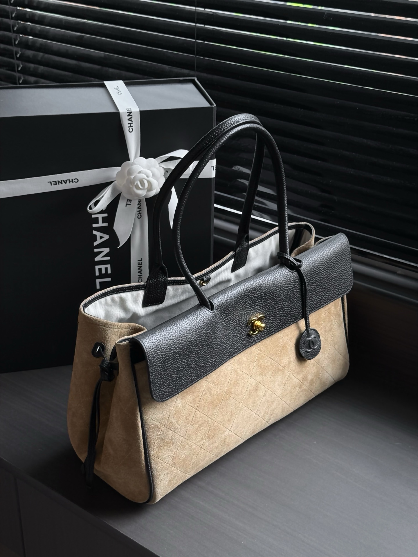 CHANEL Quilted Suede & Caviar Leather Shoulder Bag