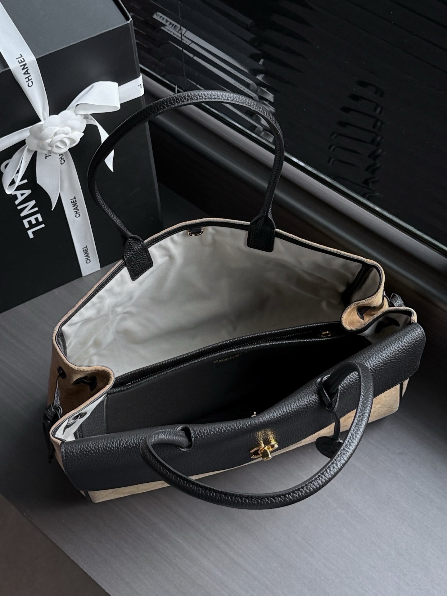 CHANEL Quilted Suede & Caviar Leather Shoulder Bag