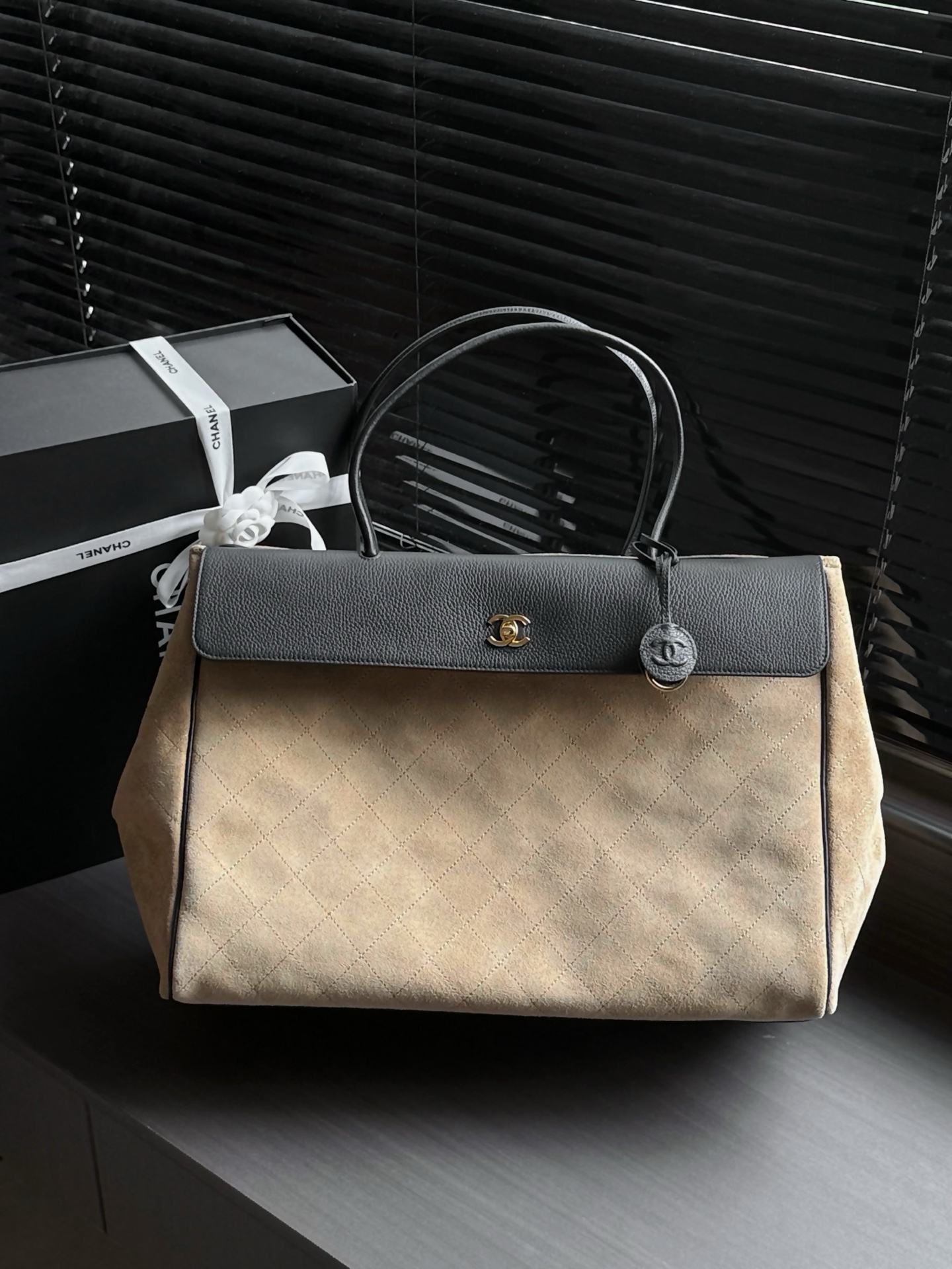 CHANEL Quilted Suede & Caviar Leather Shoulder Bag