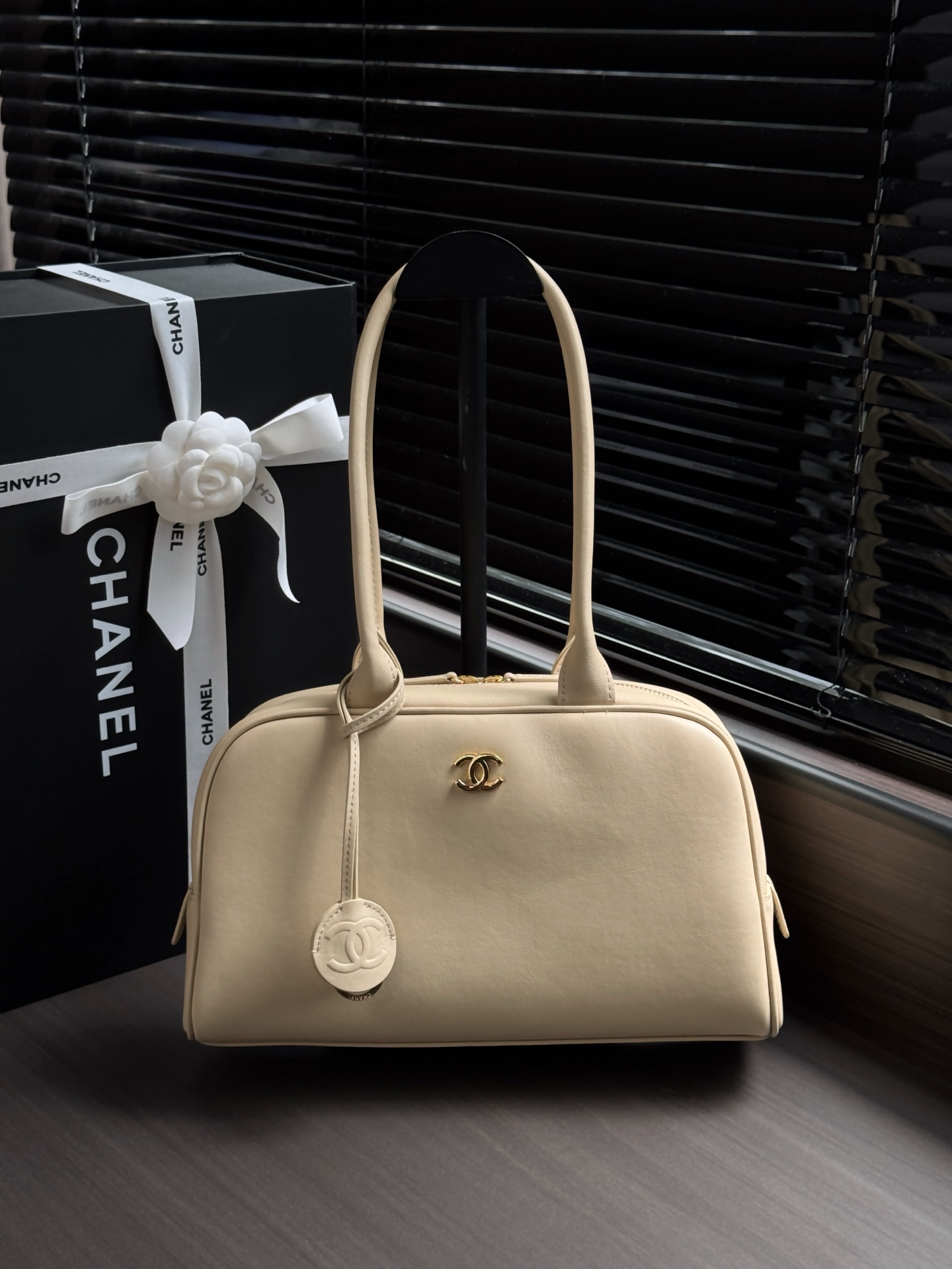 Chanel Beige Leather Bowling Bag