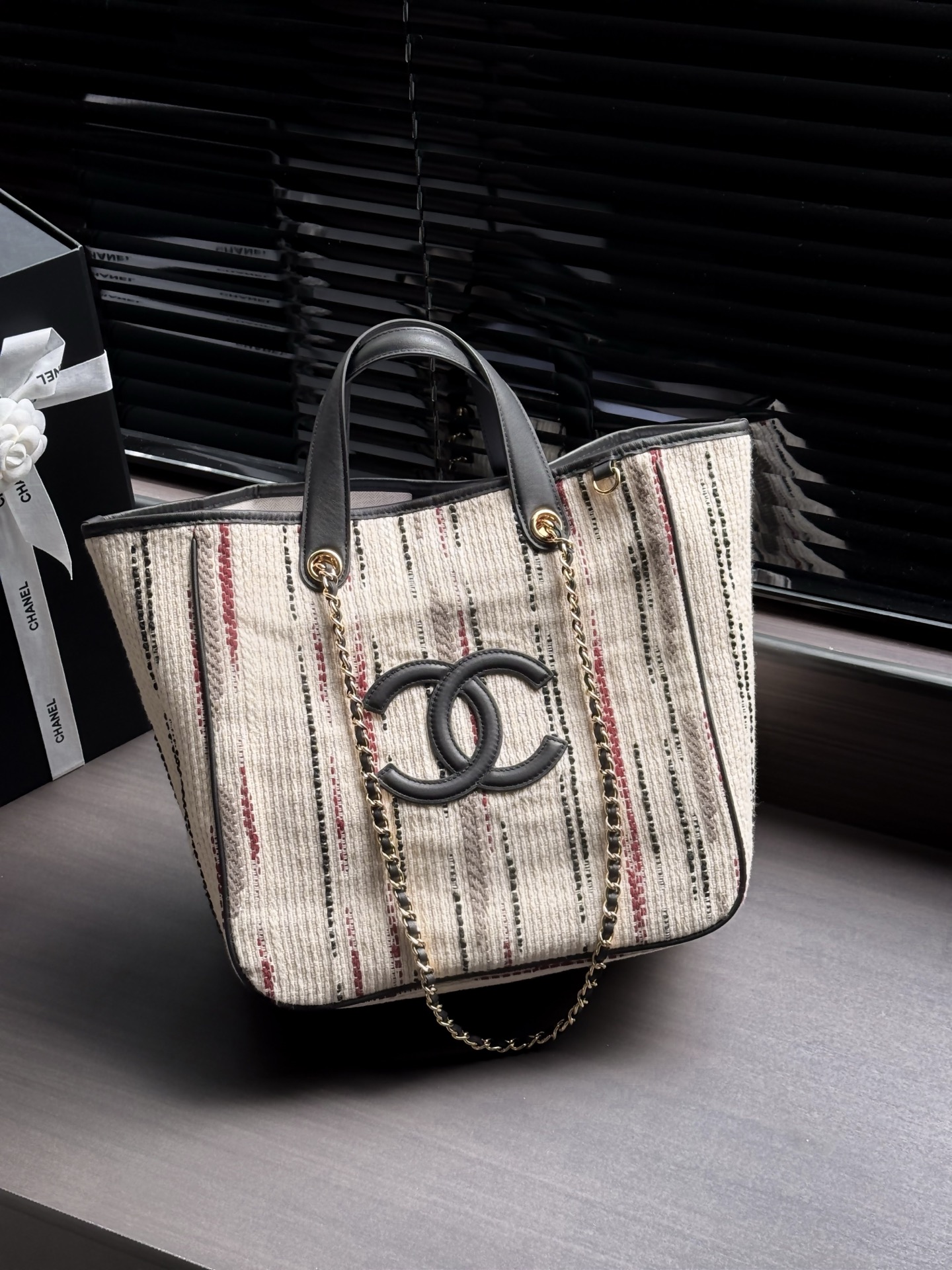 Chanel Cream Striped CC Logo Tote Bag