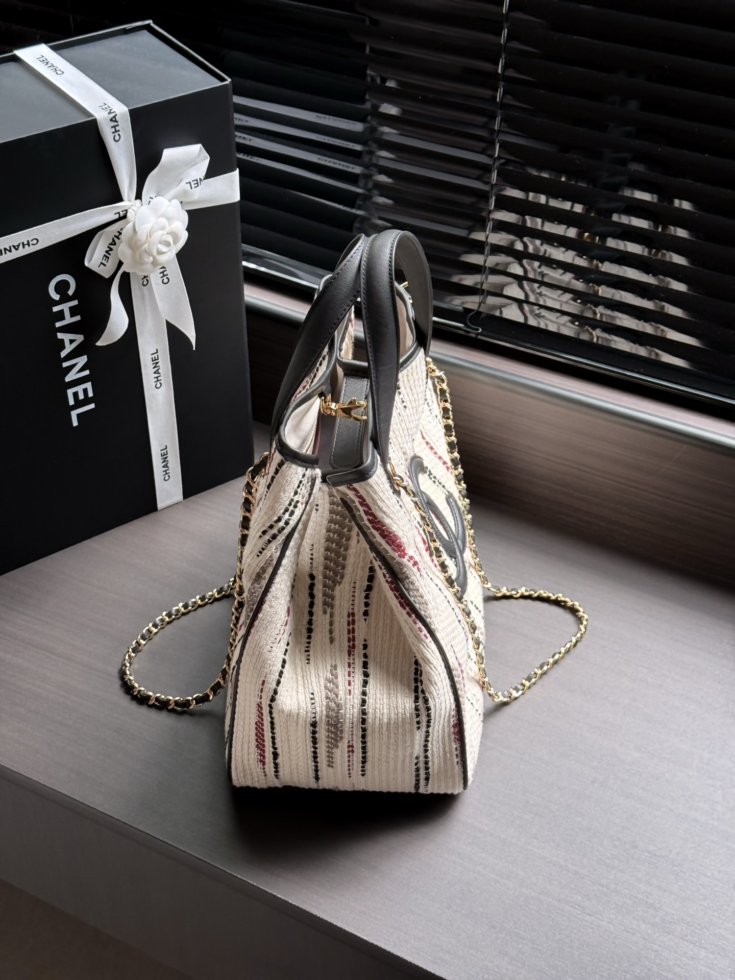 Chanel Cream Striped CC Logo Tote Bag