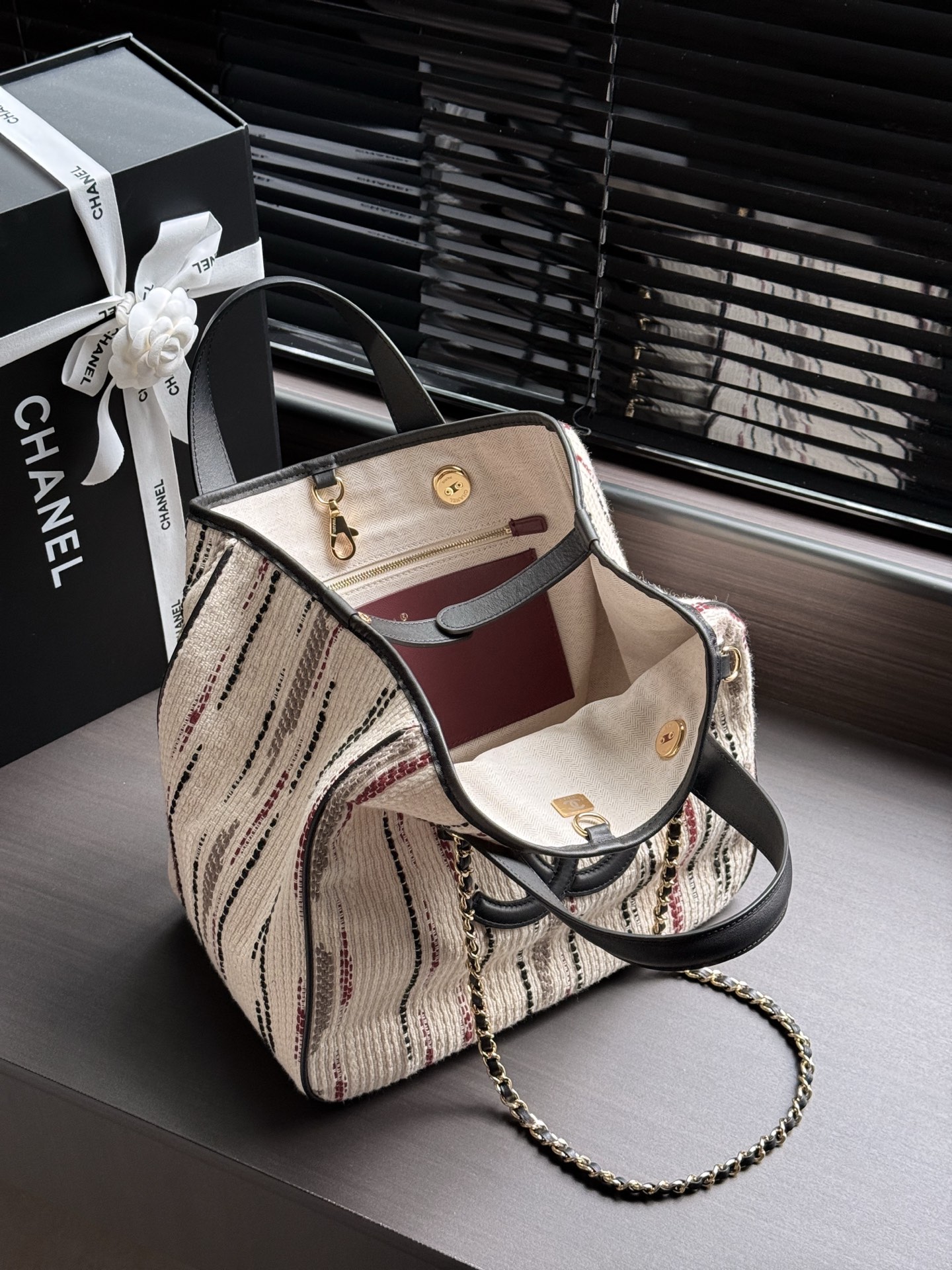 Chanel Cream Striped CC Logo Tote Bag
