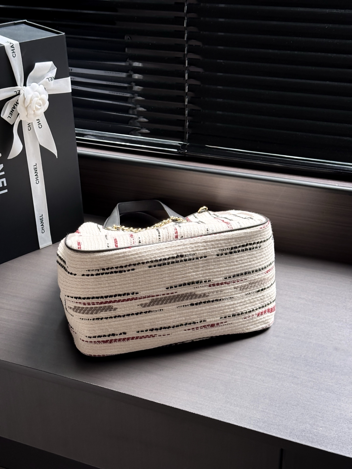 Chanel Cream Striped CC Logo Tote Bag