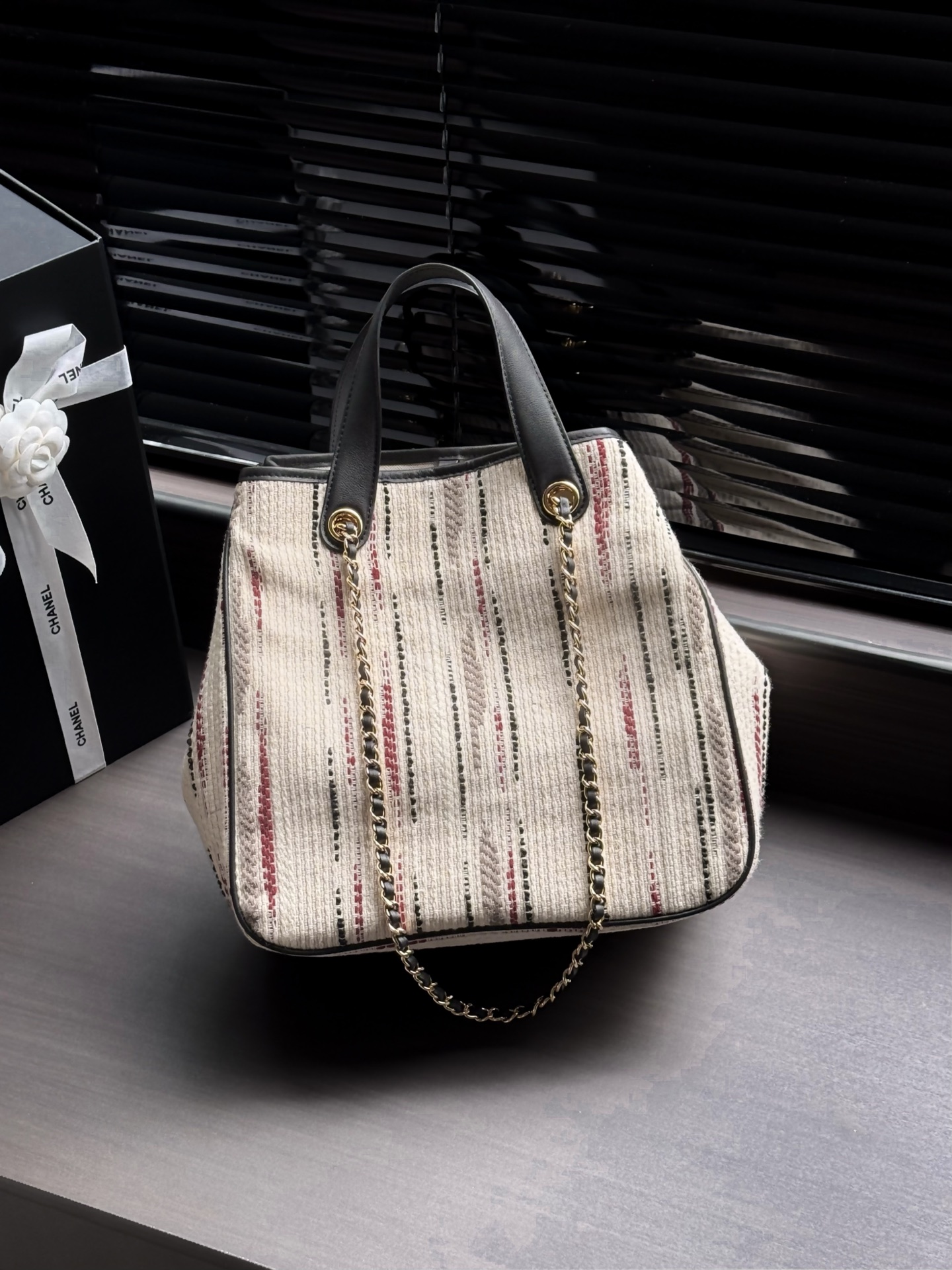 Chanel Cream Striped CC Logo Tote Bag