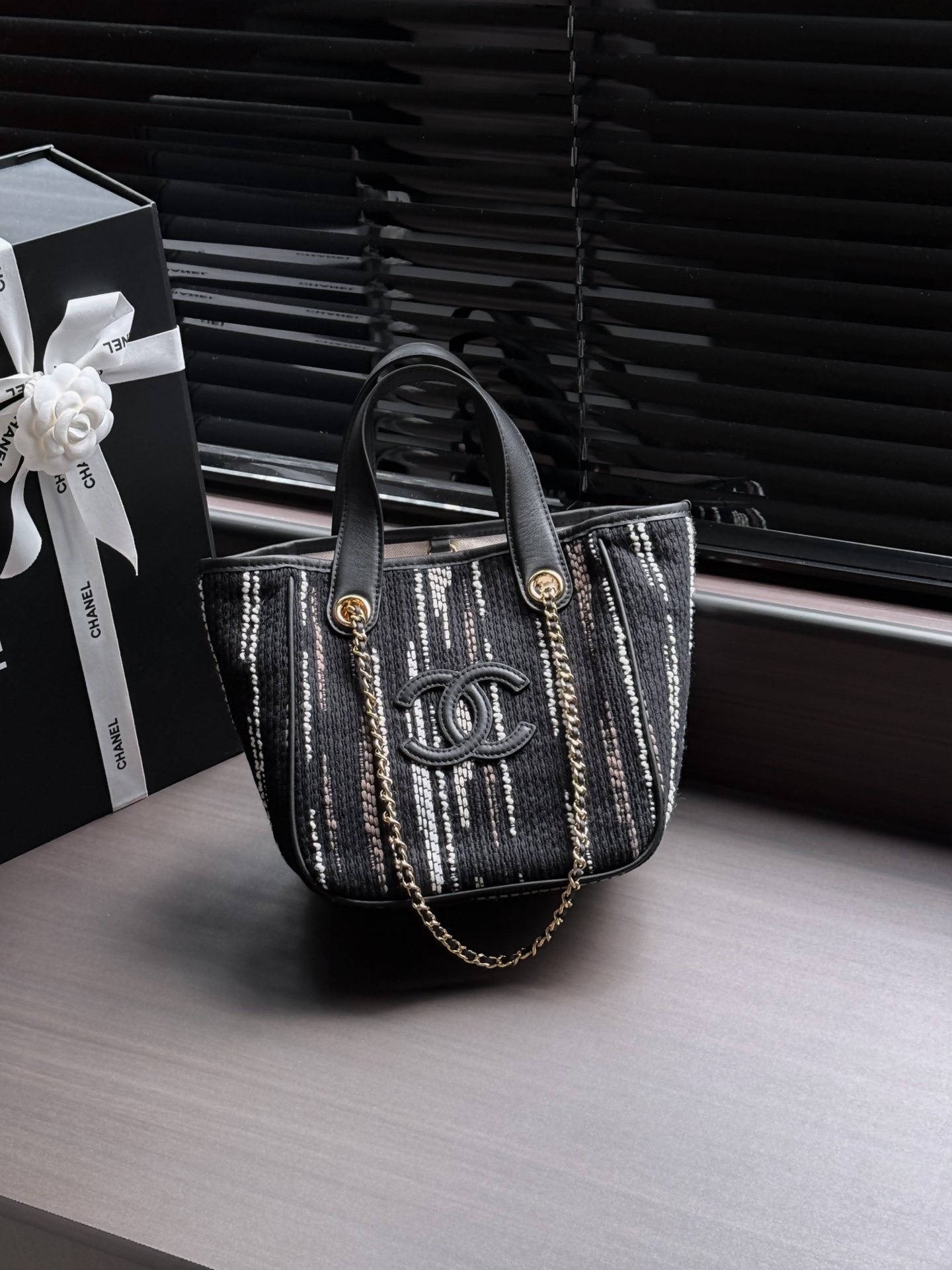 Chanel Black Striped CC Logo Tote Bag