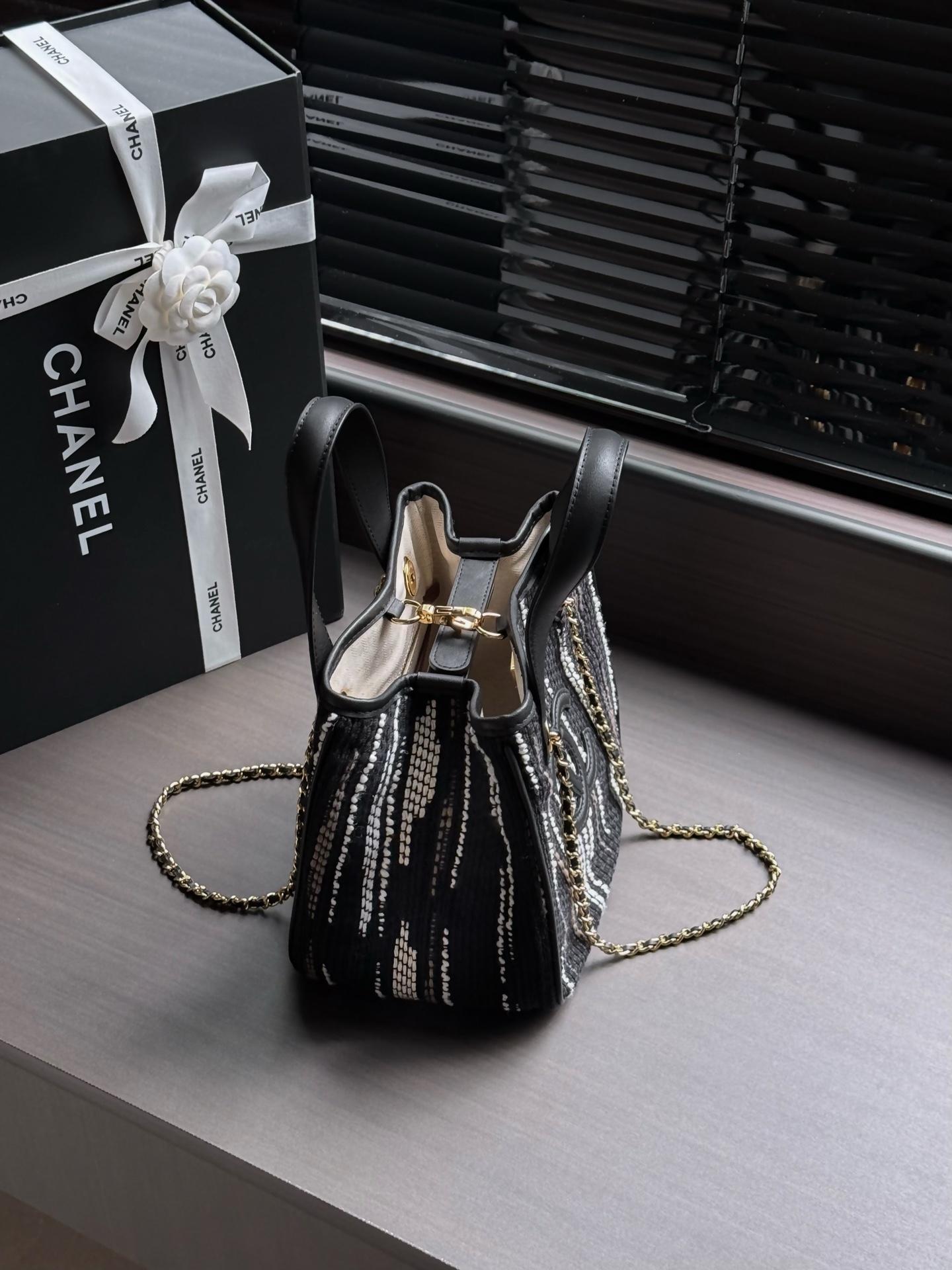 Chanel Black Striped CC Logo Tote Bag