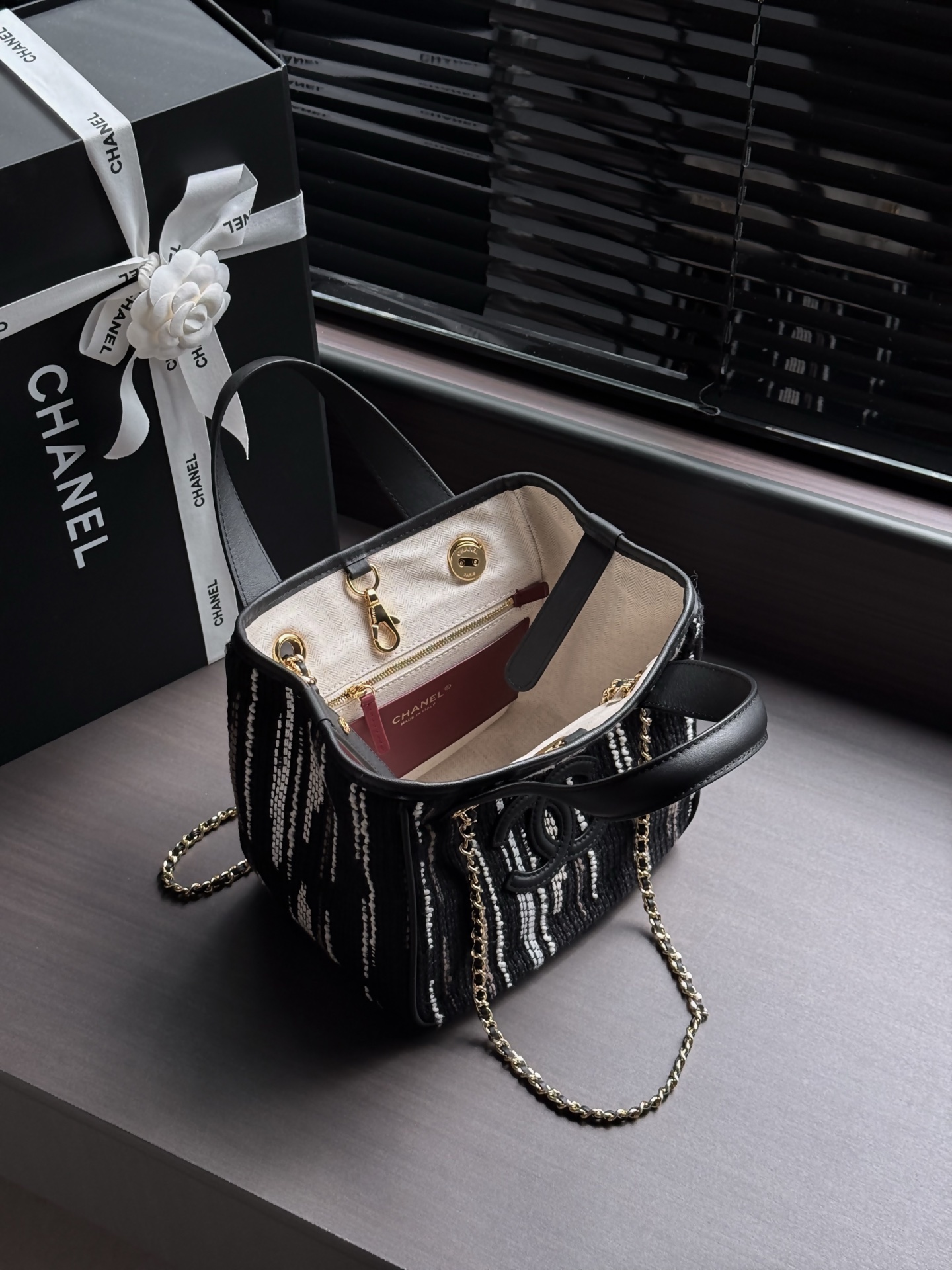 Chanel Black Striped CC Logo Tote Bag