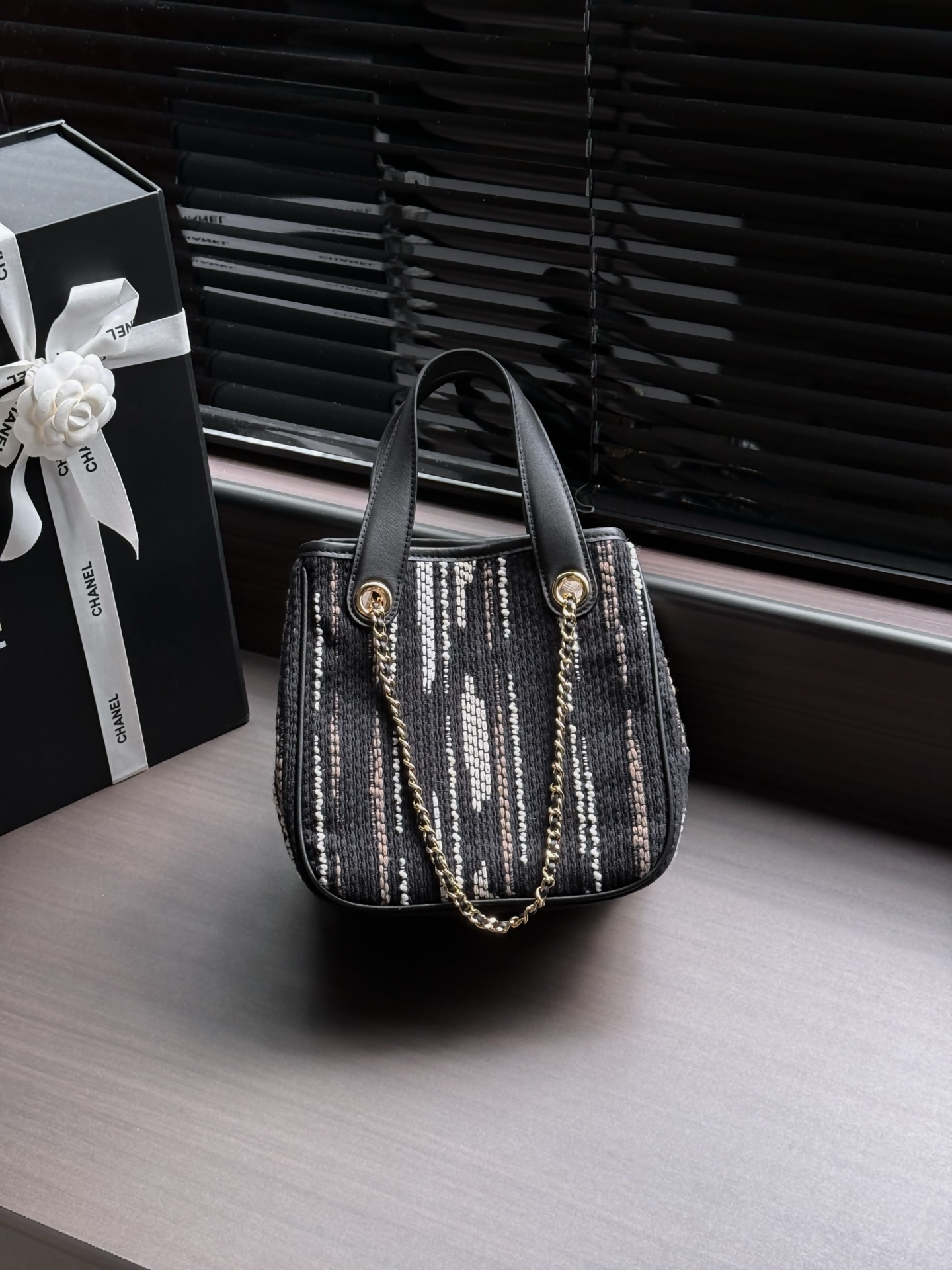 Chanel Black Striped CC Logo Tote Bag