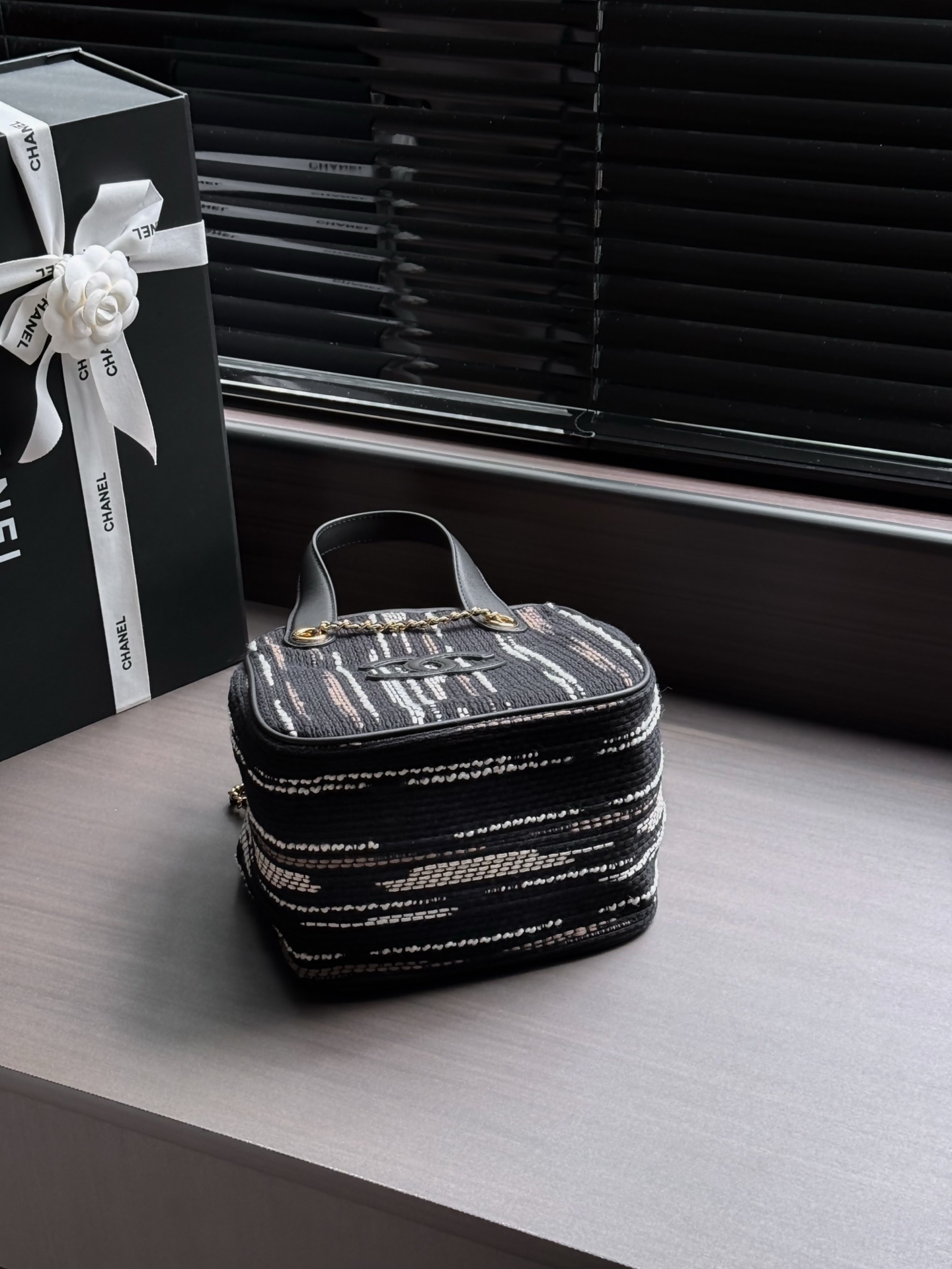 Chanel Black Striped CC Logo Tote Bag