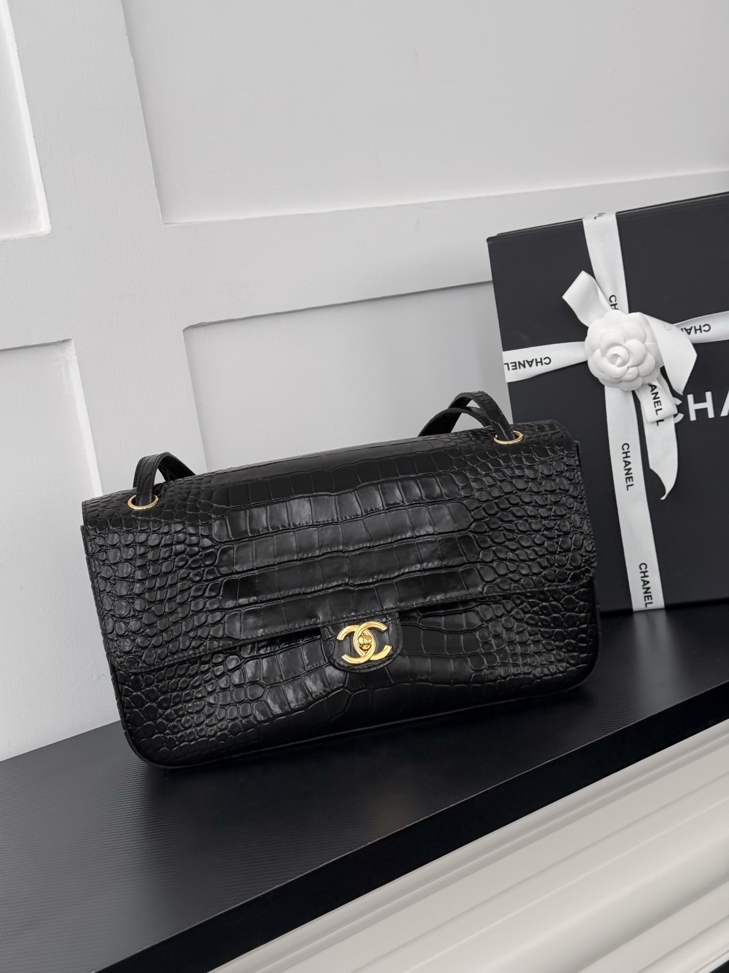 Chanel Black Croc-Effect Flap Bag