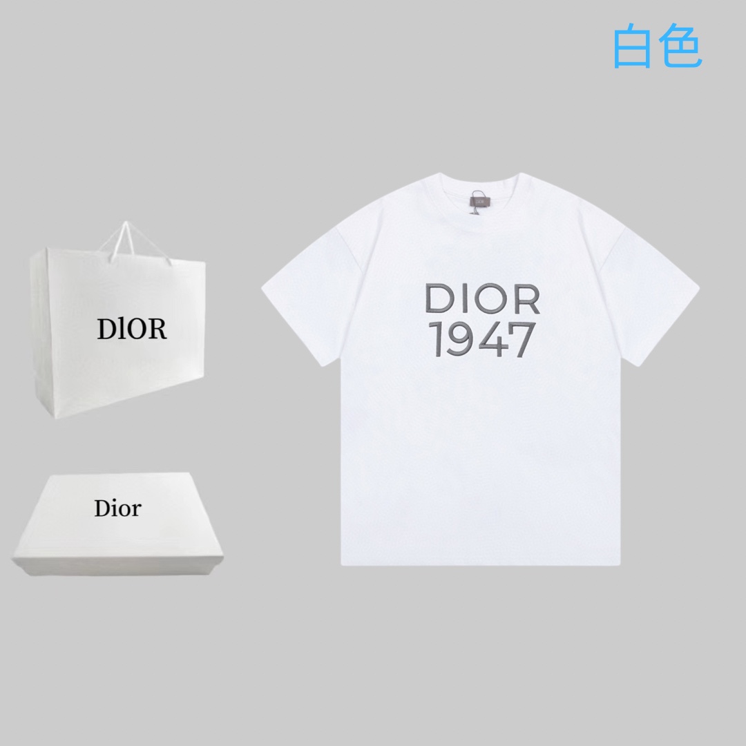 Dior Clothing T-Shirt Black White Embroidery Unisex Cotton 1947 Short Sleeve
