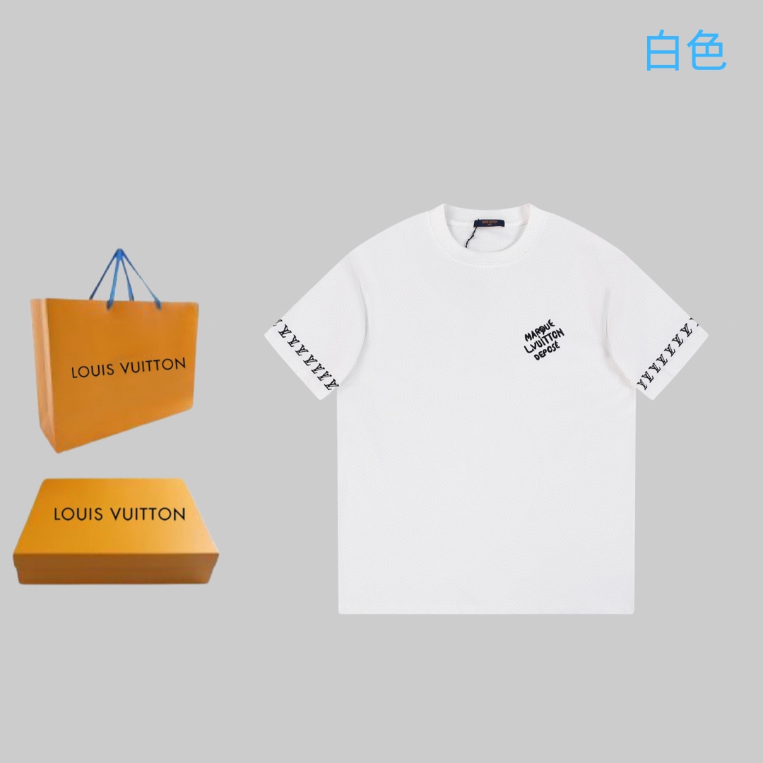 Louis Vuitton Clothing T-Shirt Black White Cotton Spring/Summer Collection Short Sleeve