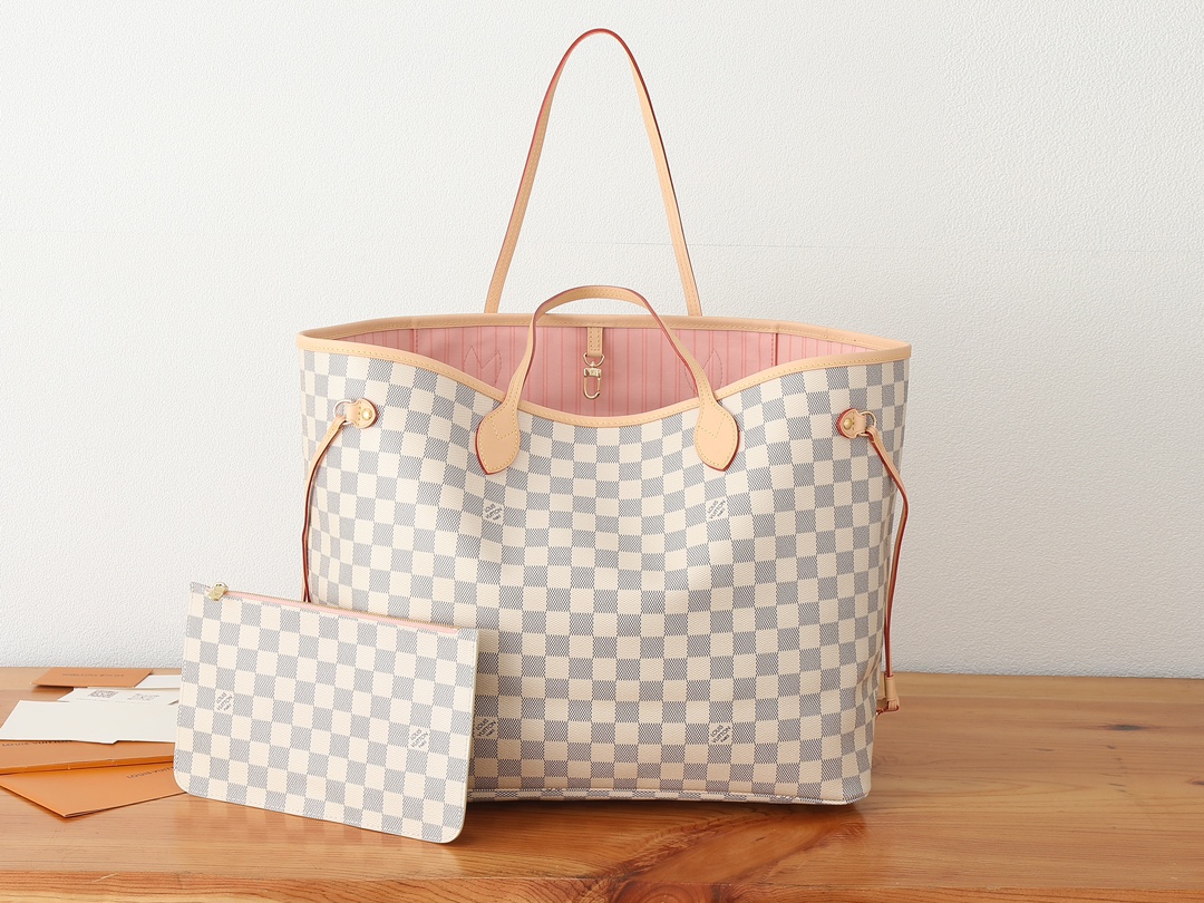 לואי ויטון LV Neverfull תיקים תיקי טוט ורוד לבן Damier Azur קנבס קווייד פבריק N40601