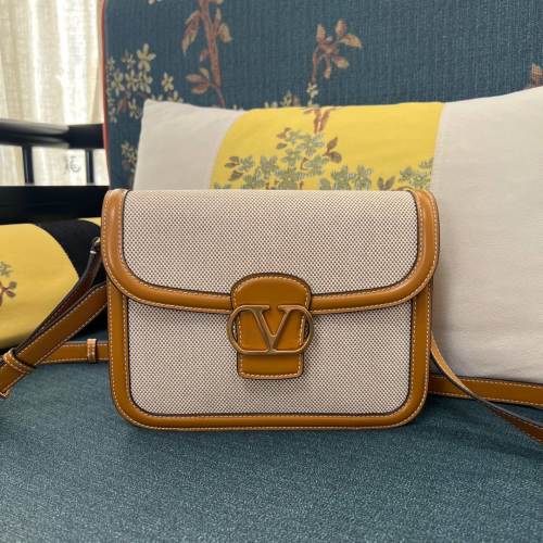 Valentino Garavani VLOGO Canvas & Leather Shoulder Bag - Beige/Brown 1 Valentino Garavani VLOGO Canvas & Leather Shoulder Bag - Beige/Brown