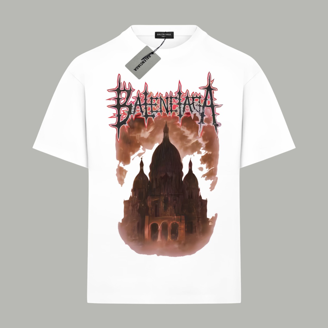 Balenciaga BALENCIAGA/巴黎世家《 火焰城堡logo字母》 印花双纱纯棉短袖