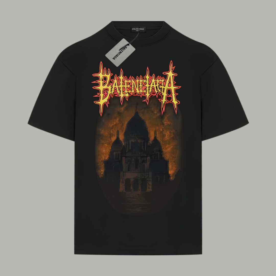 Balenciaga BALENCIAGA/巴黎世家《 火焰城堡logo字母》 印花双纱纯棉短袖
