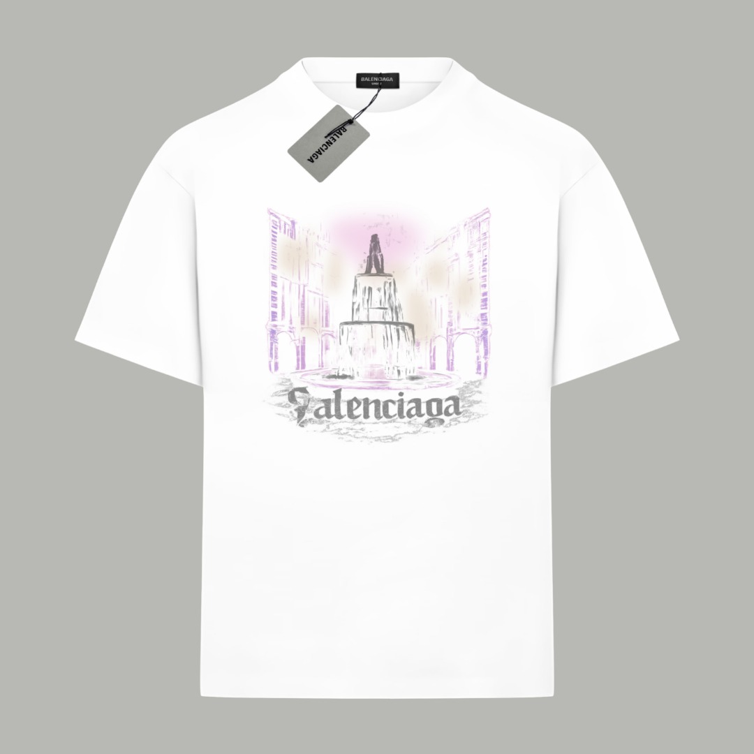 Balenciaga BALENCIAGA/巴黎世家《 霓虹城市logo字母》 印花双纱纯棉短袖