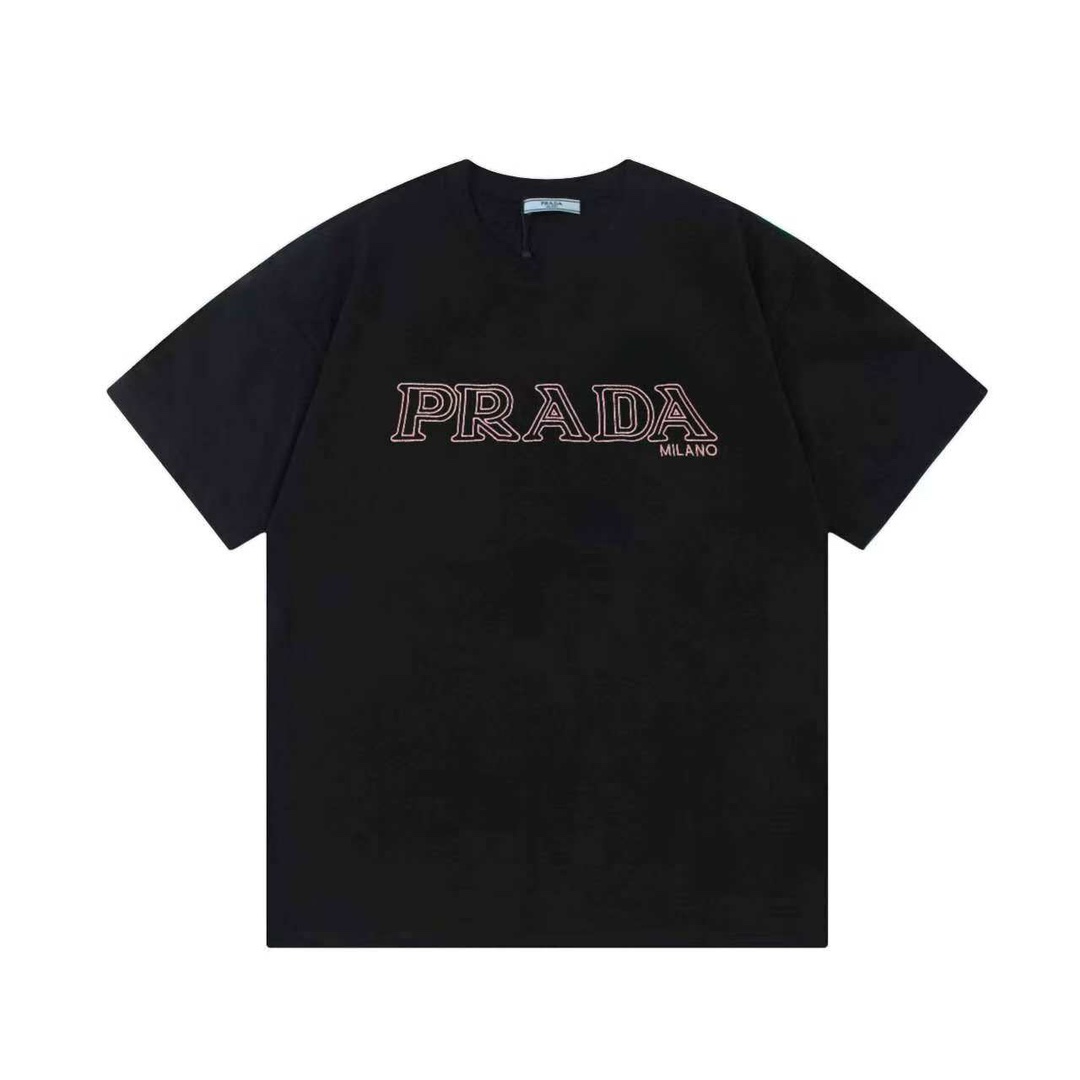 Prada 2025 nuevo estilo logotipo de letra bordado rosa, mismo estilo para hombres y mujeres, camiseta de manga corta ·T…