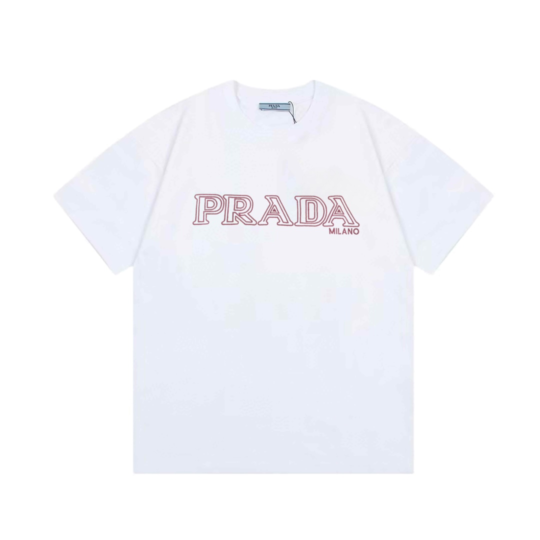 Prada 2025 nuevo estilo logotipo de letra bordado rosa, mismo estilo para hombres y mujeres, camiseta de manga corta ·T…
