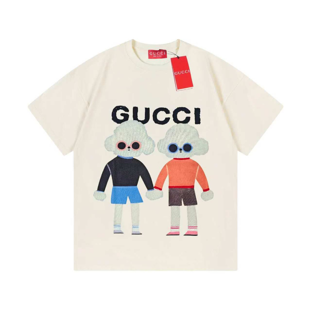 Gucci 古驰 G家 2025早春新款 定制270g双纱纯棉面料 已洗水处理 不变形 不掉色 数码喷印卡通图案logo 男女同款 短袖t恤 颜色：杏色 尺码：XS-L