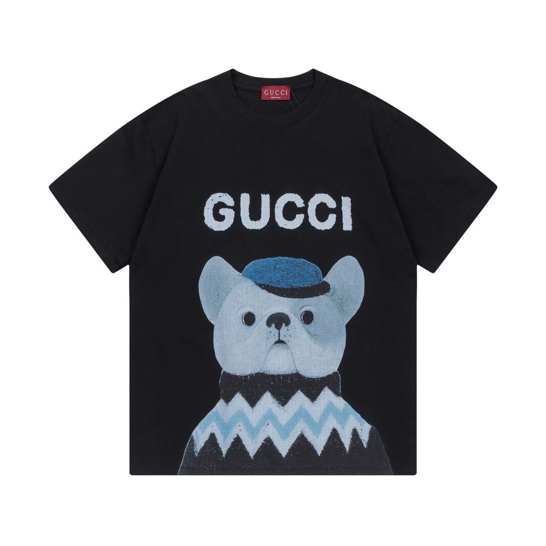 Gucci 古驰 2025 Nuevo modelo logo de perro bulldog francés y letras unisex camiseta de manga corta · Personalizado 280g 1…