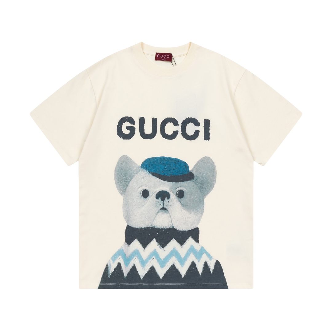 Gucci 古驰 2025 Nuevo modelo logo de perro bulldog francés y letras unisex camiseta de manga corta · Personalizado 280g 1…