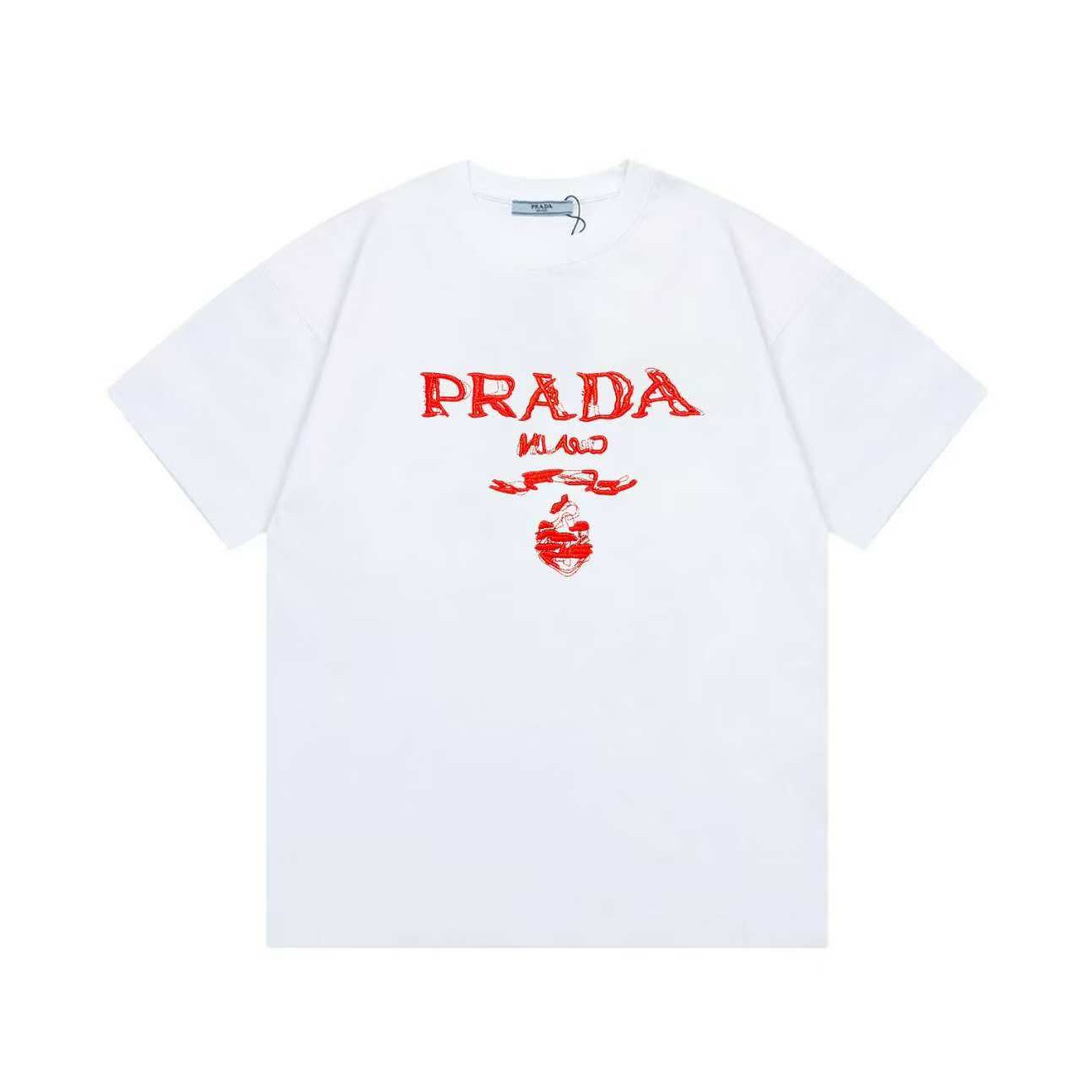 Prada 2025 nuevo estilo logotipo de letra bordado de alta densidad, mismo estilo para hombres y mujeres, camiseta de ma…