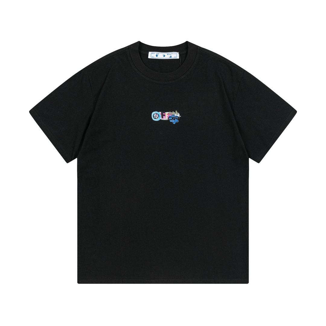 OFF-WHITE 2025早春新款 定制270g双纱纯棉面料 街头手绘涂鸦箭头logo 限定辅料 男女同款 短袖t恤 颜色：黑色 尺码：XS-L