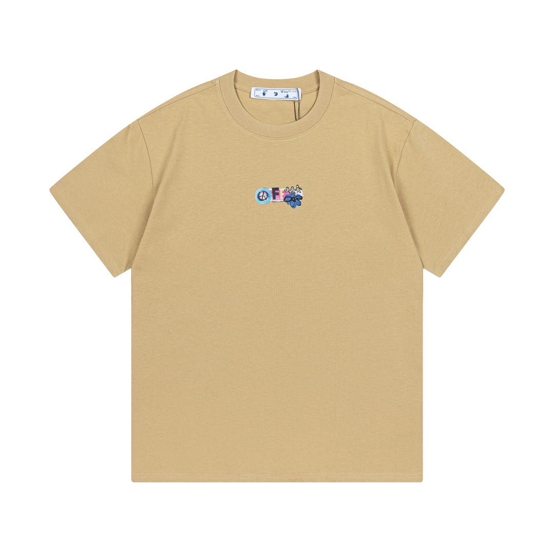 OFF-WHITE 2025早春新款 定制270g双纱纯棉面料 街头手绘涂鸦箭头logo 限定辅料 男女同款 短袖t恤 颜色：卡其色 尺码：XS-L