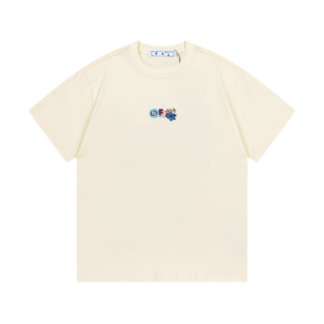 OFF-WHITE 2025早春新款 定制270g双纱纯棉面料 街头手绘涂鸦箭头logo 限定辅料 男女同款 短袖t恤 颜色：杏色 尺码：XS-L