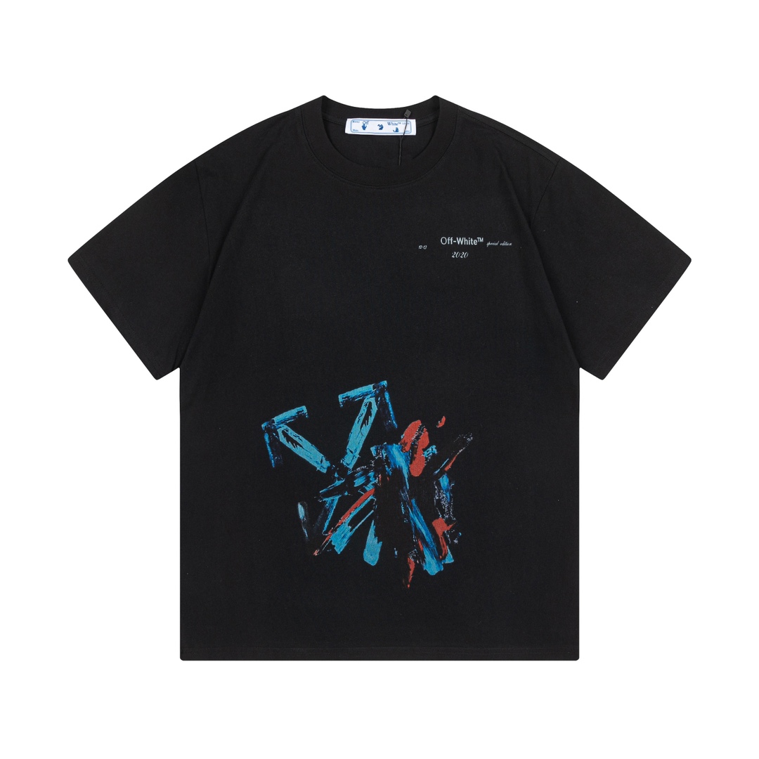 OFF-WHITE 2025早春新款 定制270g双纱纯棉面料 手绘涂鸦箭头logo 限定辅料 男女同款 短袖t恤 颜色：黑色 尺码：XS-L