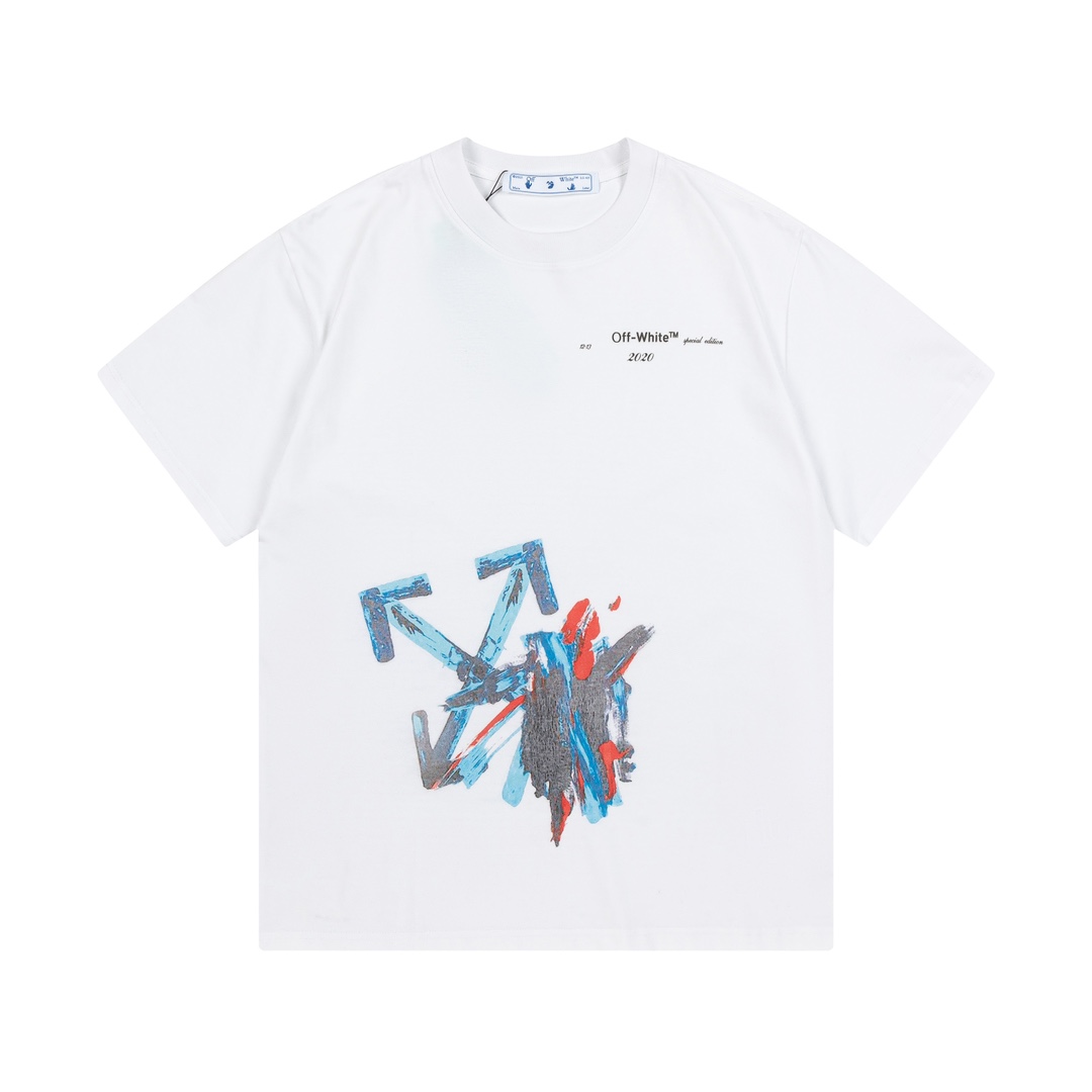 OFF-WHITE 2025早春新款 定制270g双纱纯棉面料 手绘涂鸦箭头logo 限定辅料 男女同款 短袖t恤 颜色：白色 尺码：XS-L