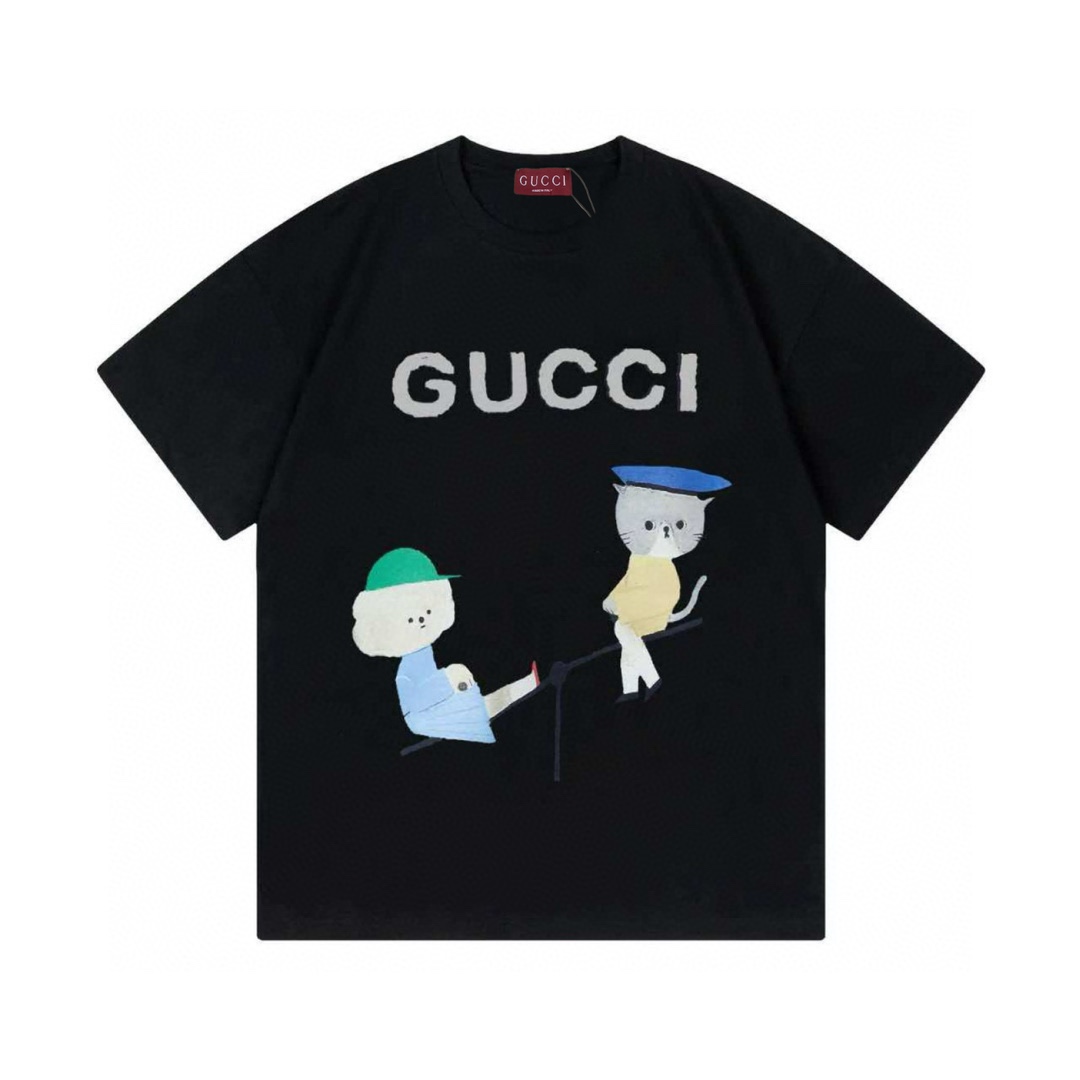 Gucci 2025 nuevo modelo, camiseta de manga corta unisex con logo de letras e ilustración de balancín · tela de algodón …