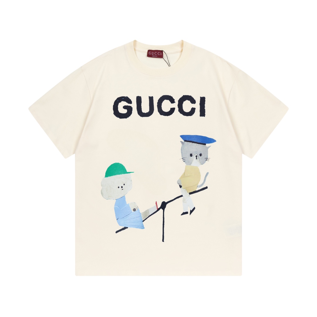 Gucci 2025 nuevo modelo, camiseta de manga corta unisex con logo de letras e ilustración de balancín · tela de algodón …
