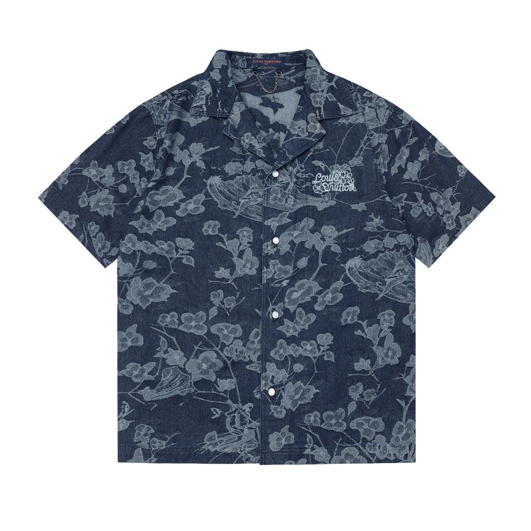 LV Lujia 2025 nuevo modelo Jacquard floral de lujo ligero Logotipo de letra bordado de alta densidad Camisa de mezclill…
