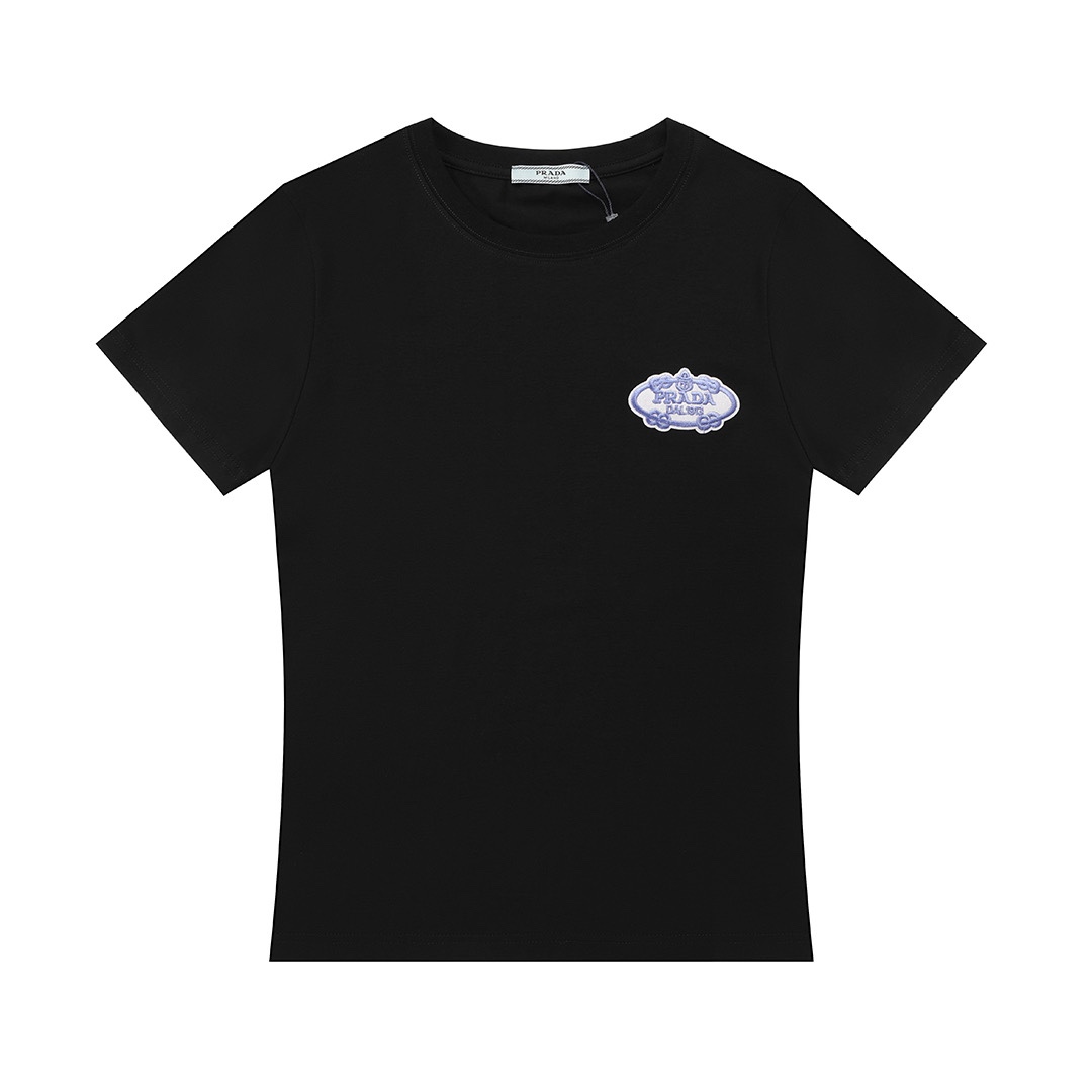 (Modelo de mujer) PRADA 2025 nuevo estilo bordado insignia logo, hombro y cintura, corte ajustado, camiseta de manga co…