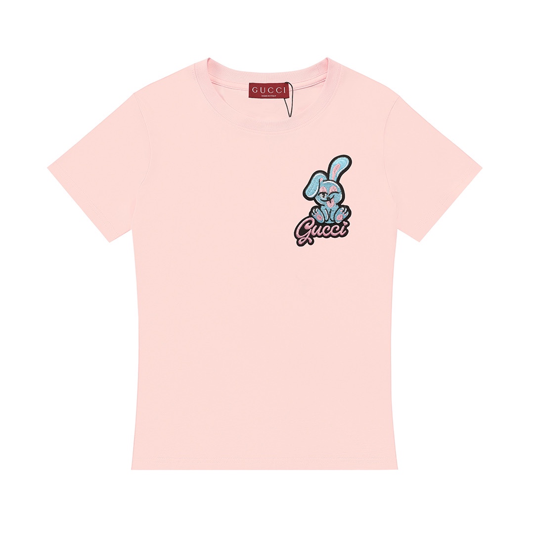 (Mujer) Gucci 古驰 2025 nueva colección logo de conejo bordado hombros rectos cintura ajustada camiseta de manga corta ·a…